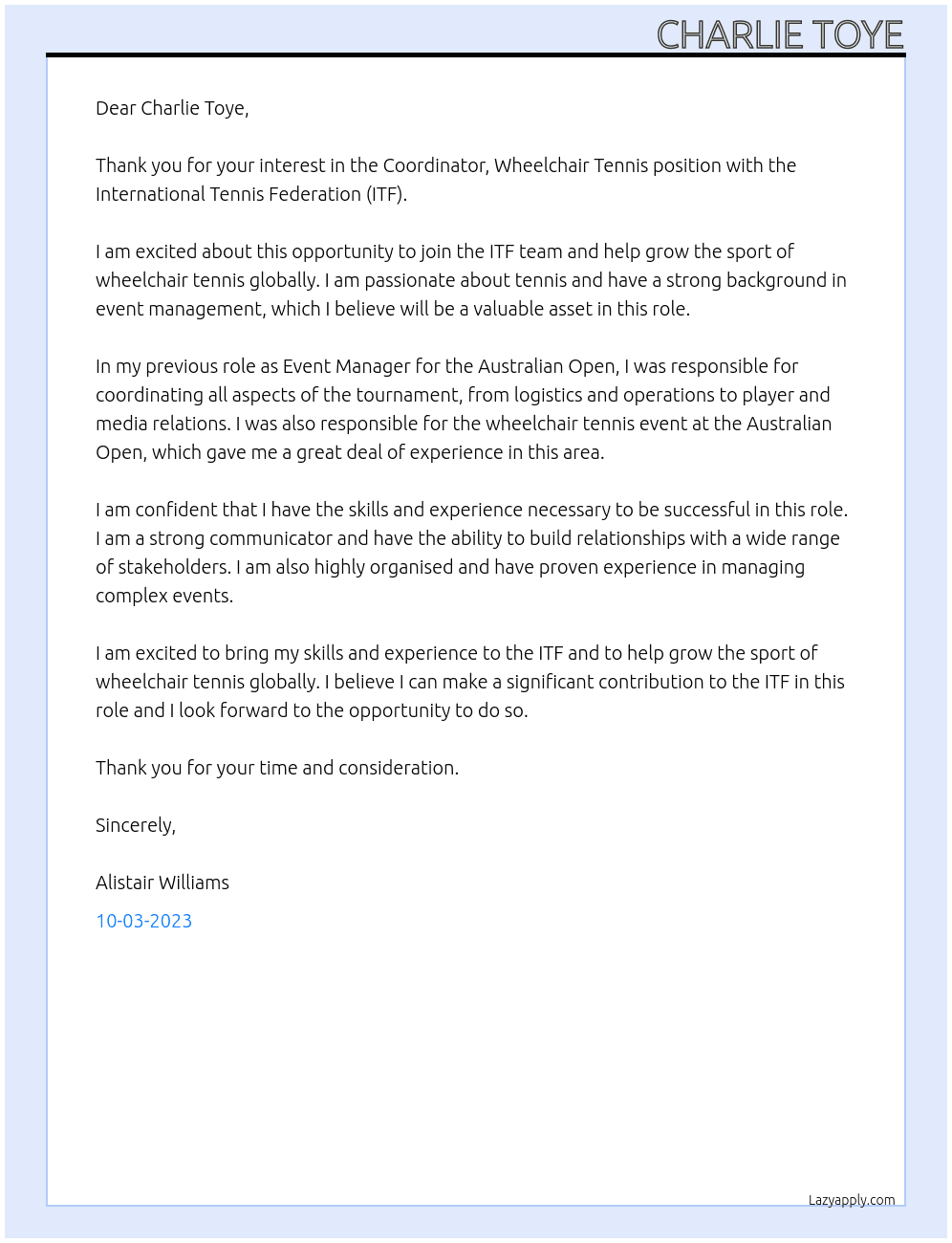 Coordinator, Wheelchair Tennis At International Tennis Federation Cover Letter