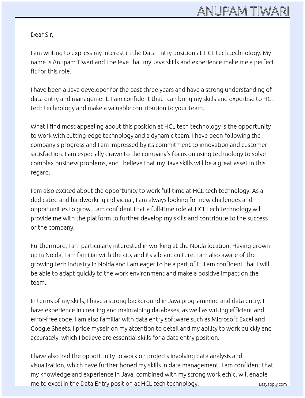 Data entry  At HCl tech technology  Cover Letter