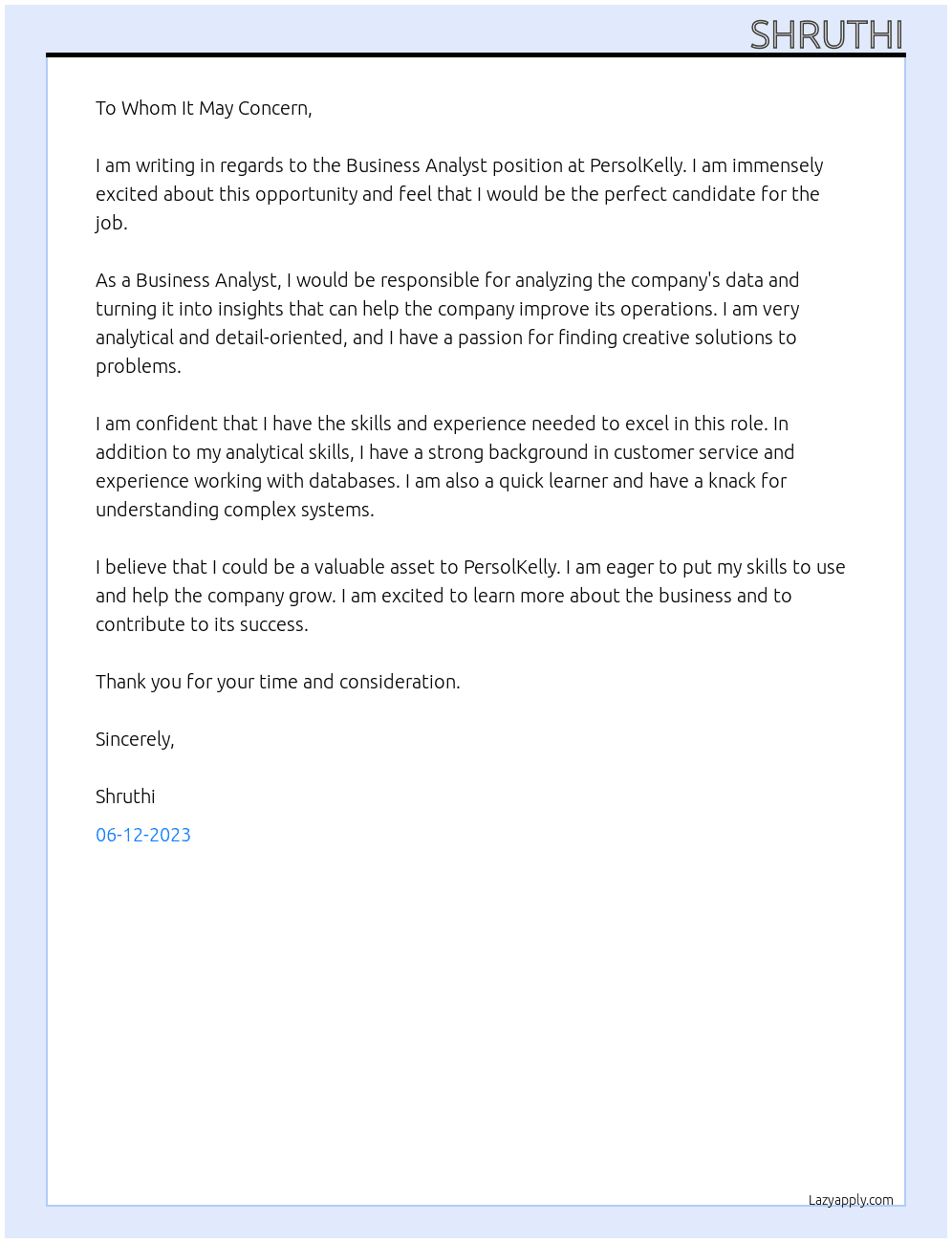 Business Analyst At persolkelly Cover Letter