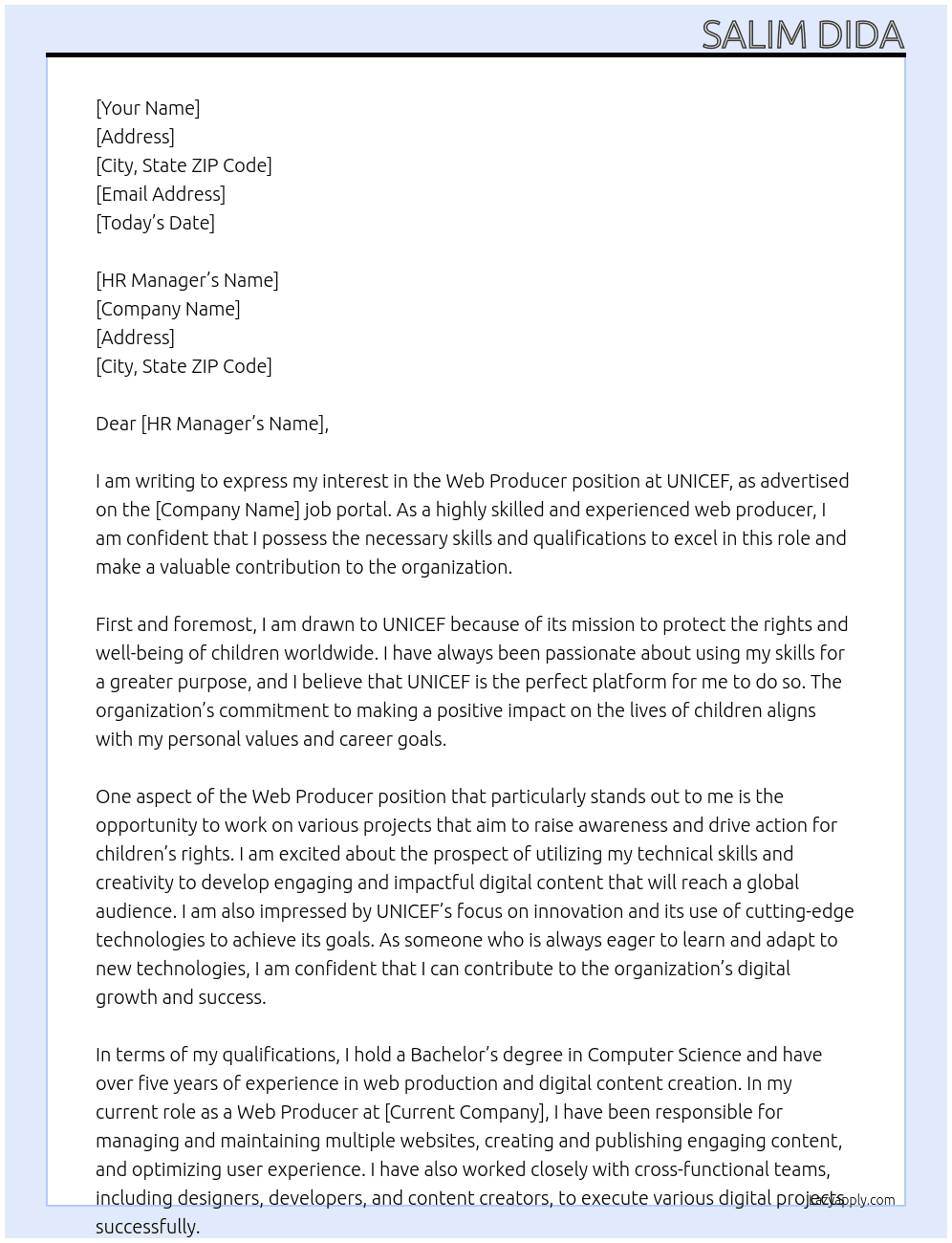 web producer At UNICEF  Cover Letter