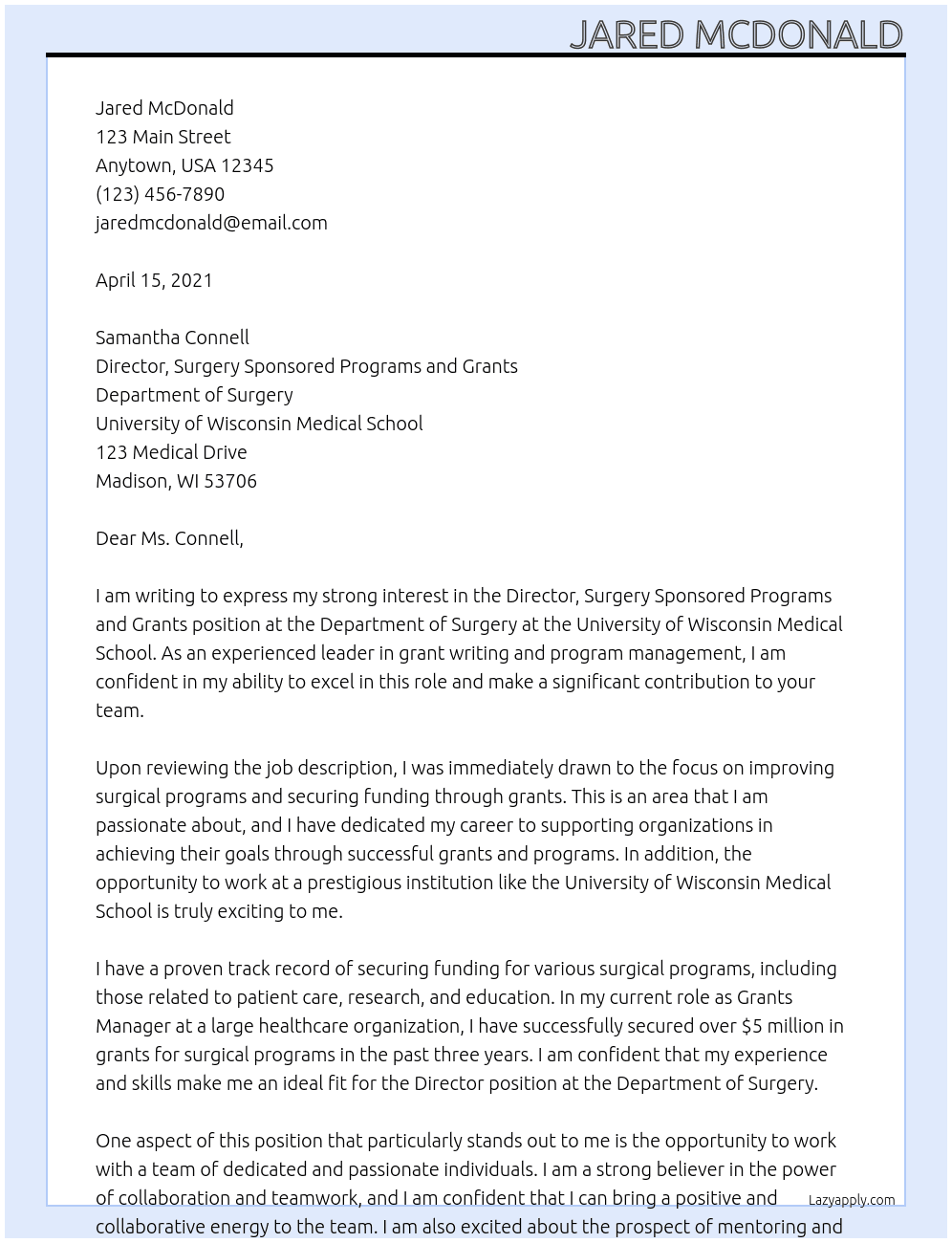 Director, Surgery Sponsored Programs and Grants  At Department of Surgery Universoity of Wisconsin Medical School Cover Letter