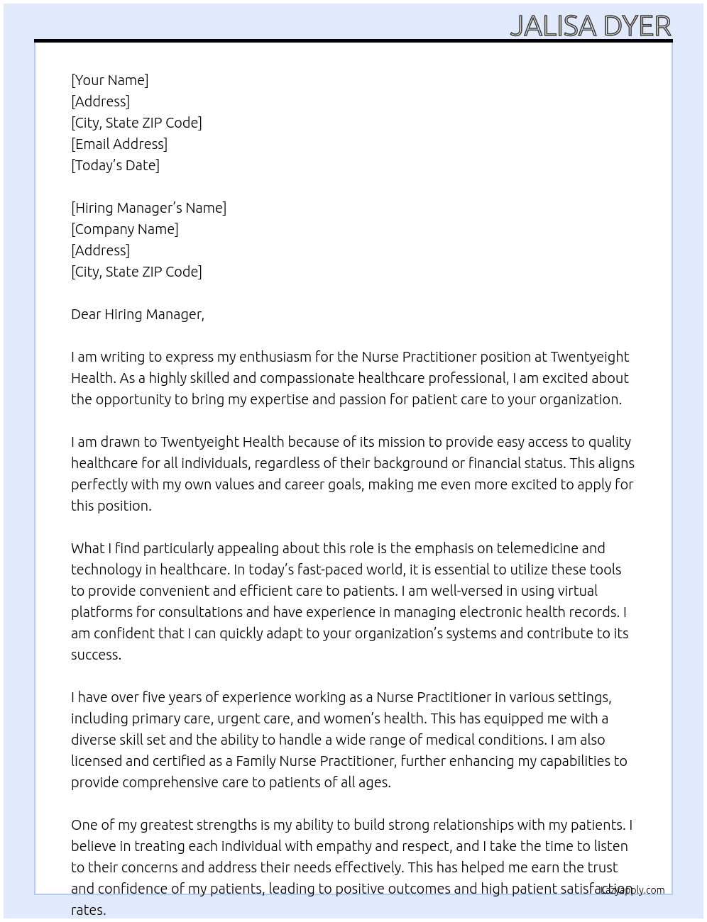 Nurse Practitioner  At Twentyeight Health Cover Letter