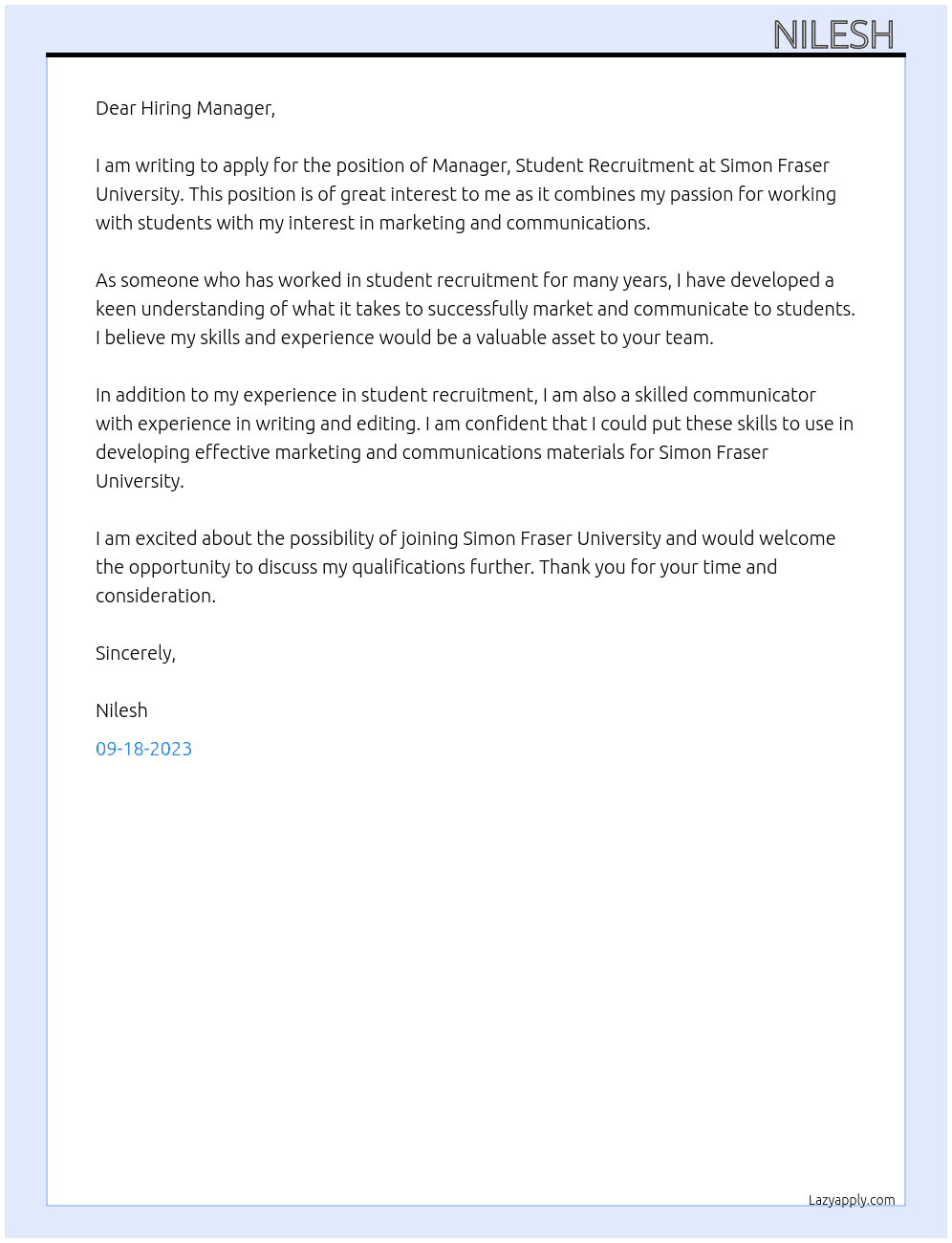 Manager, Student Recruitment At Simon Fraser University Cover Letter