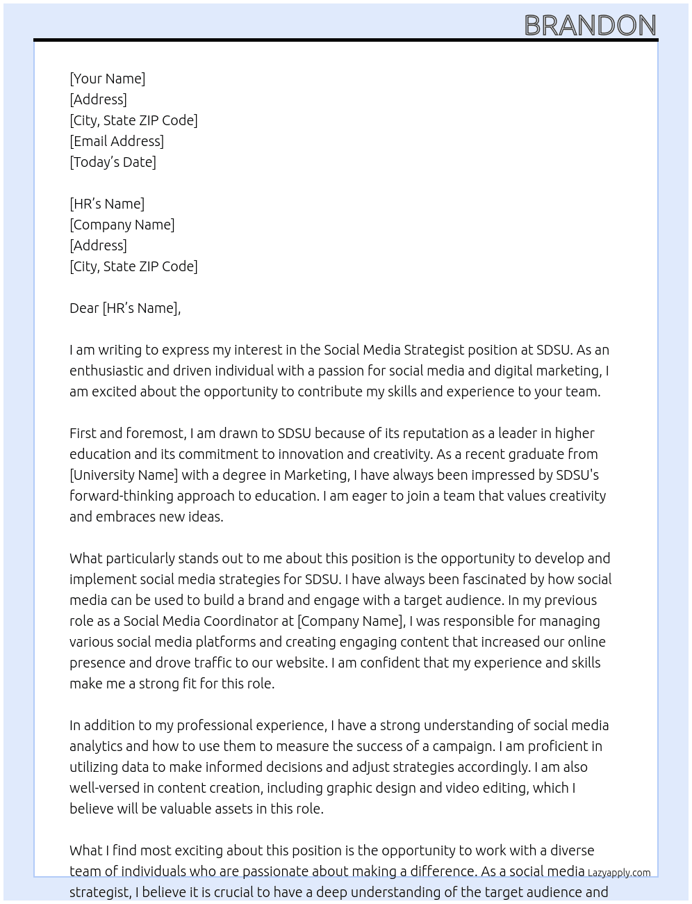 Social Media Strategist At SDSU Cover Letter