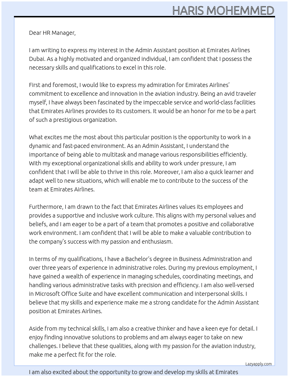 Admin assistant  At Emirates Airlines Dubai Cover Letter