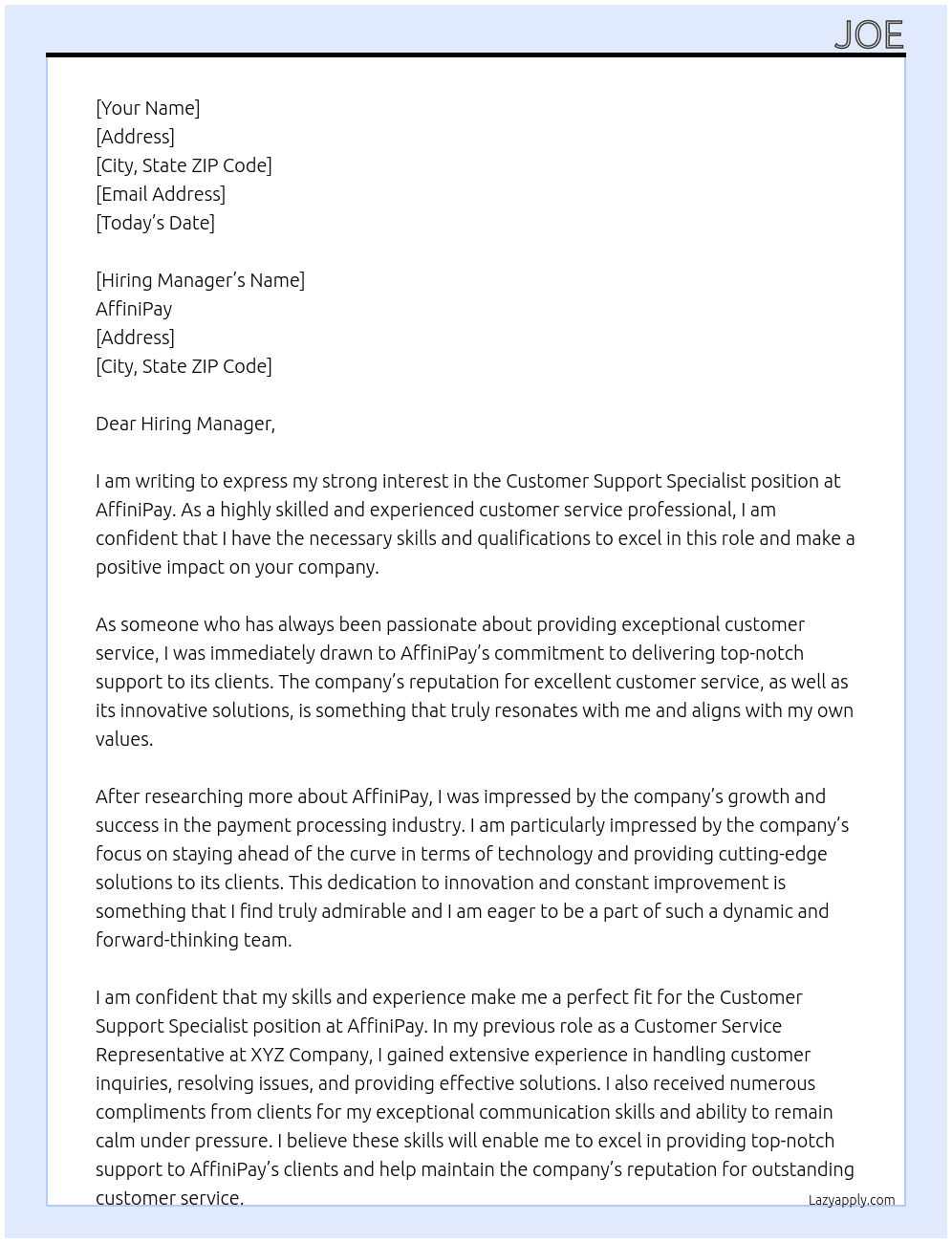 Customer Support Specialist At AffiniPay Cover Letter