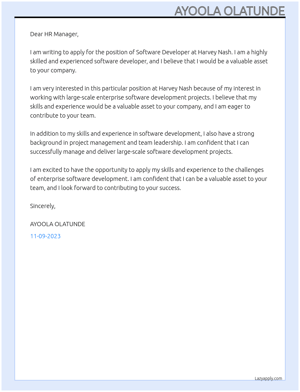 Software Developer At harvey nash Cover Letter