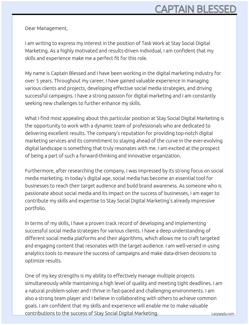 task work At Stay social digital marketing Cover Letter