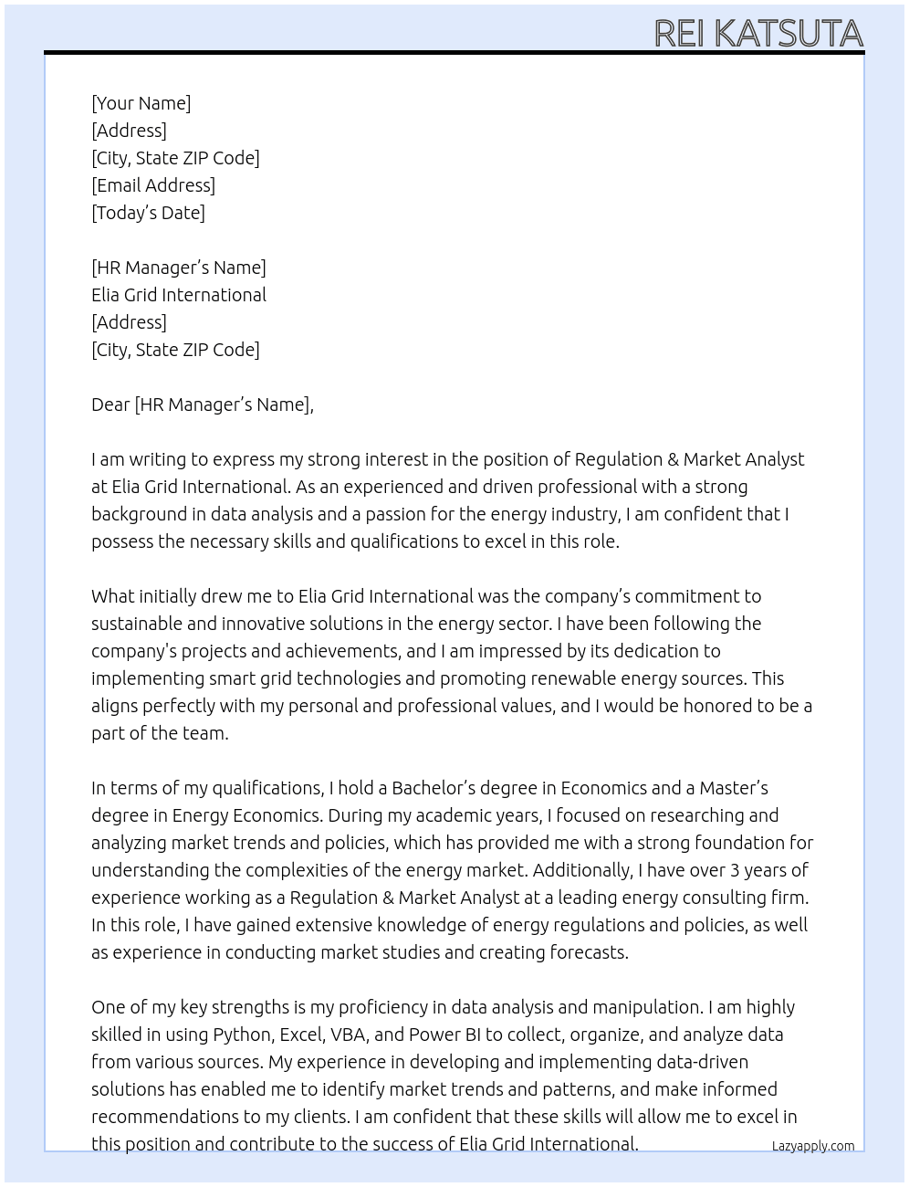Regulation & Market Analyst At Elia Grid International Cover Letter
