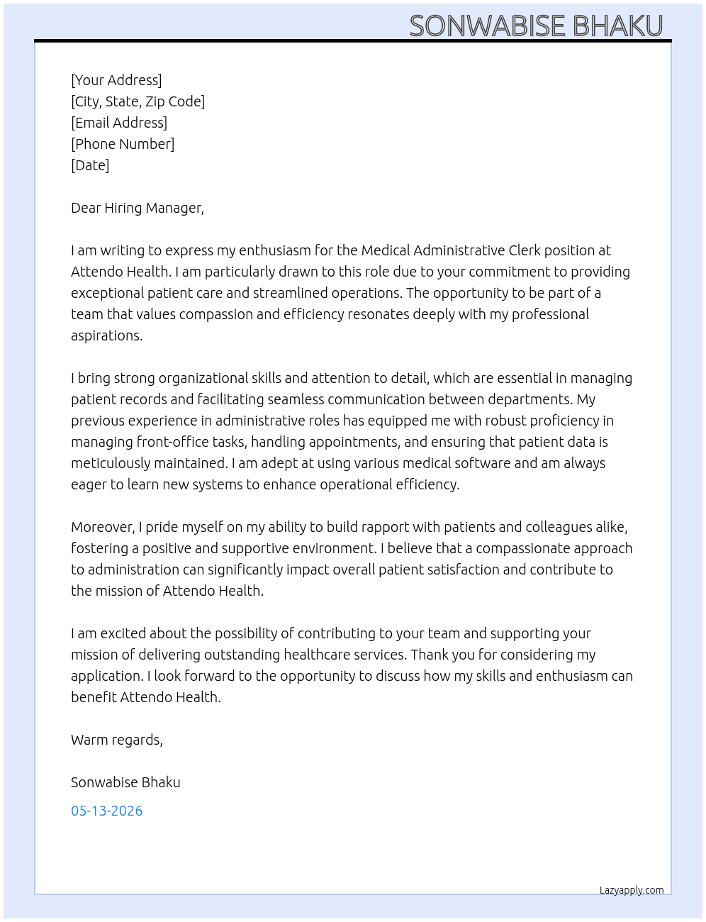 Medical Administrative Clerk At Attendo Health Cover Letter