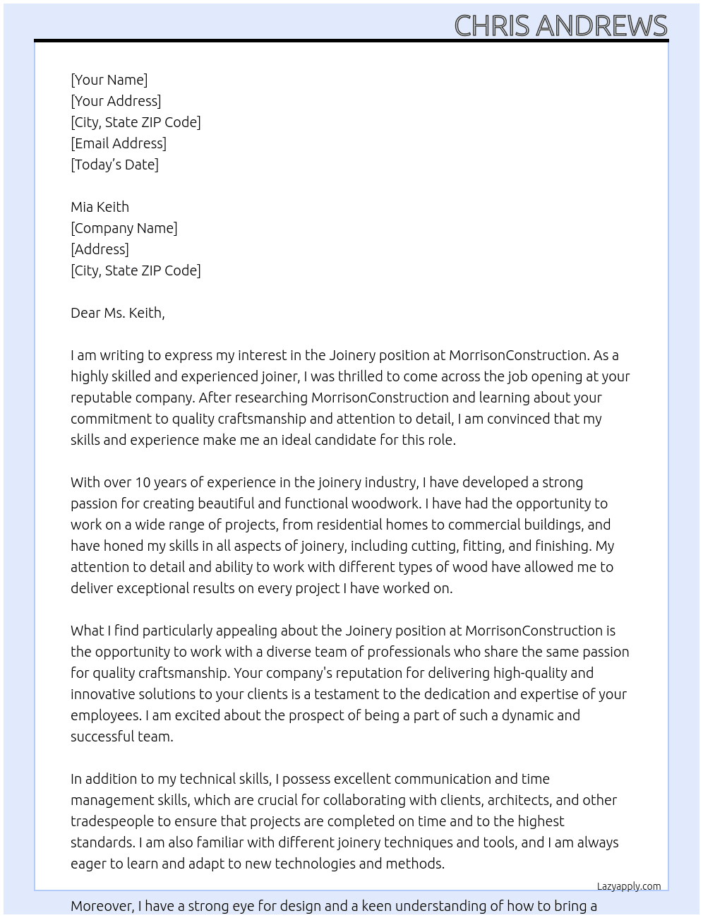 Joinery At MorrisonConstruction Cover Letter