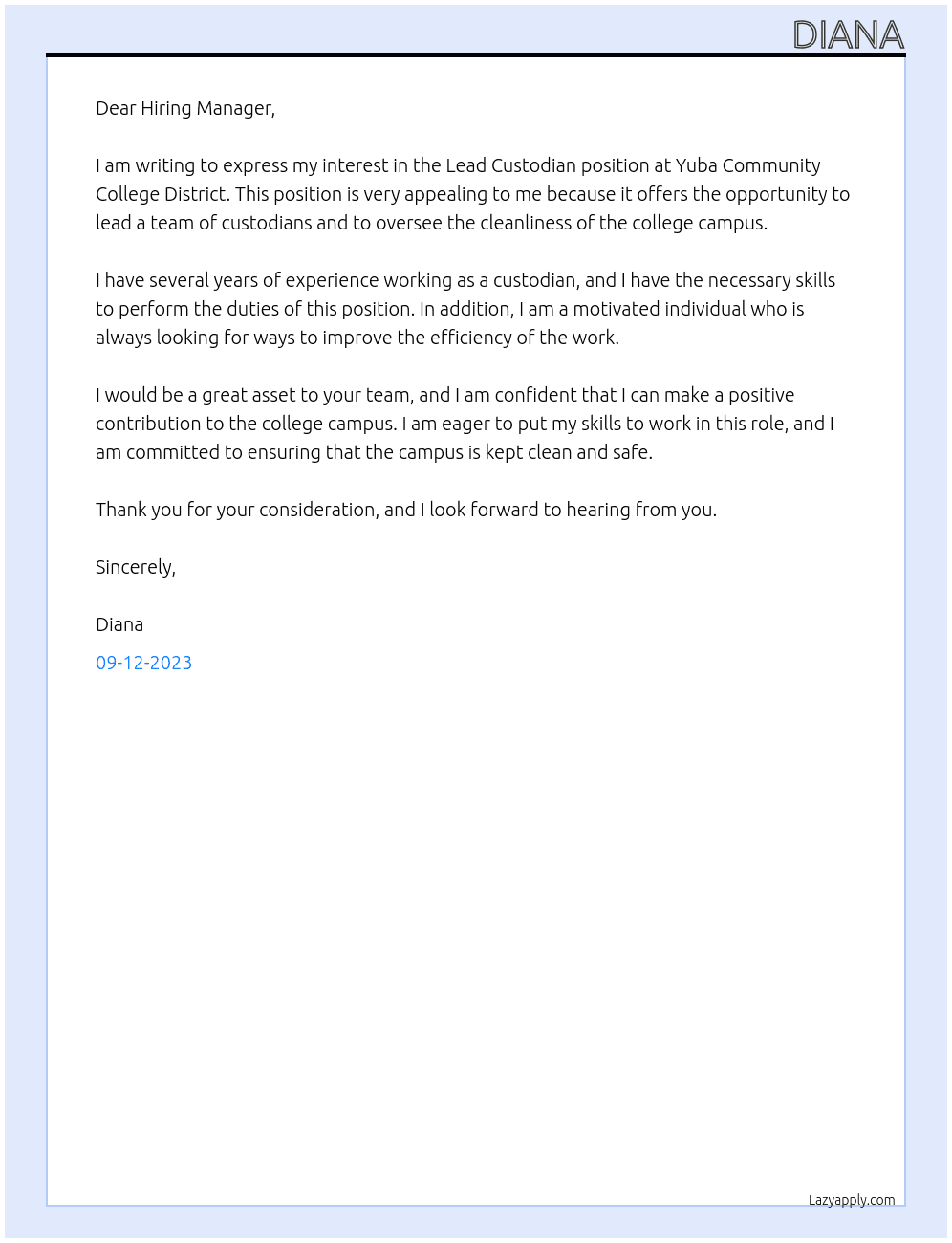 Lead Custodian At Yuba Community college district Cover Letter