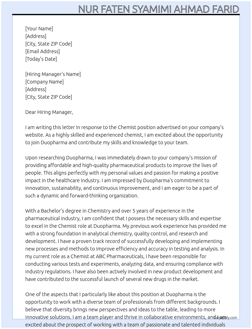 Chemist At Duopharma Cover Letter
