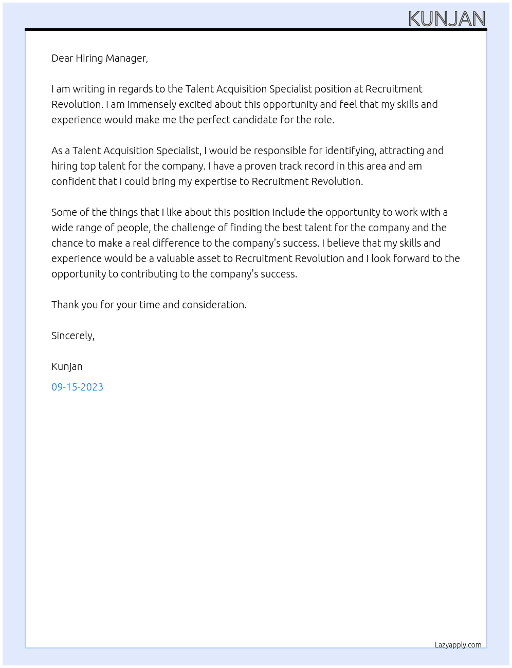 Talent Acquisition Specialist At Recruitment Revolution Cover Letter