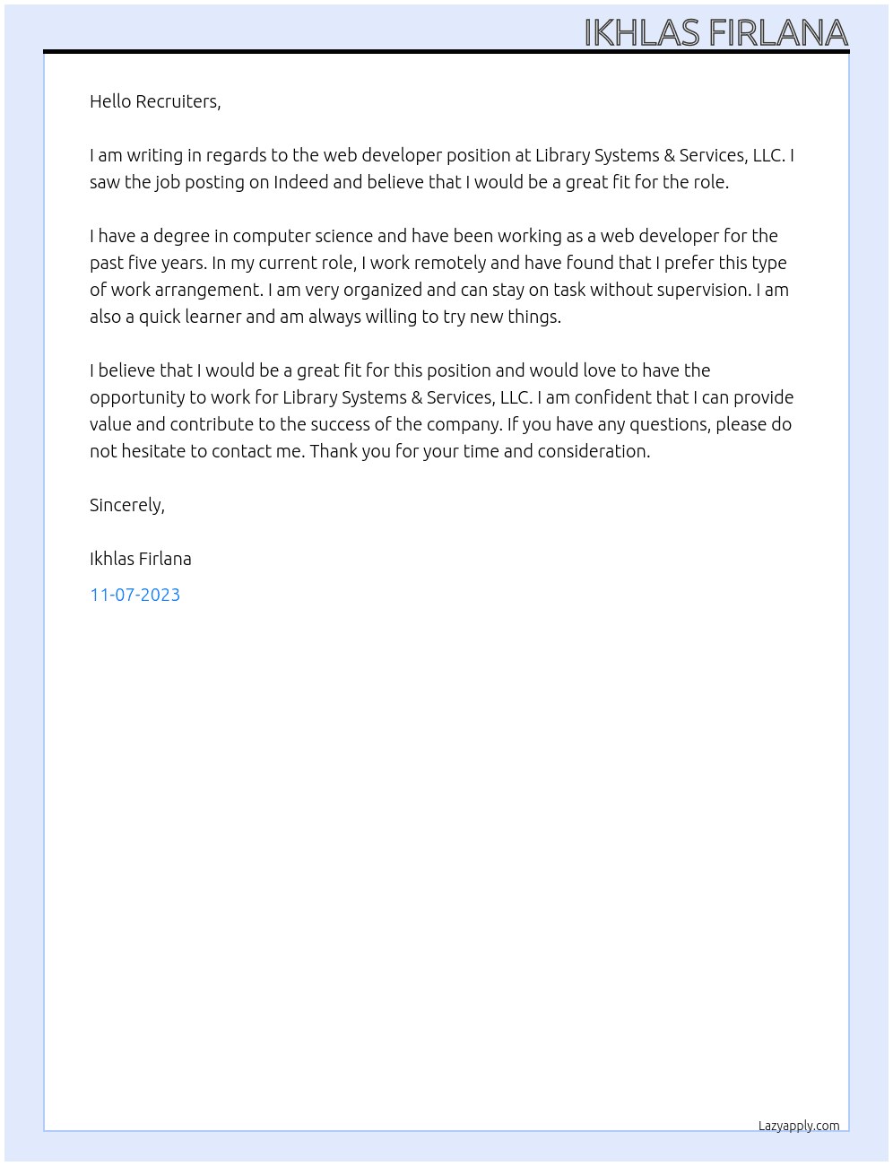 web developer At Library Systems & Services, LLC Cover Letter