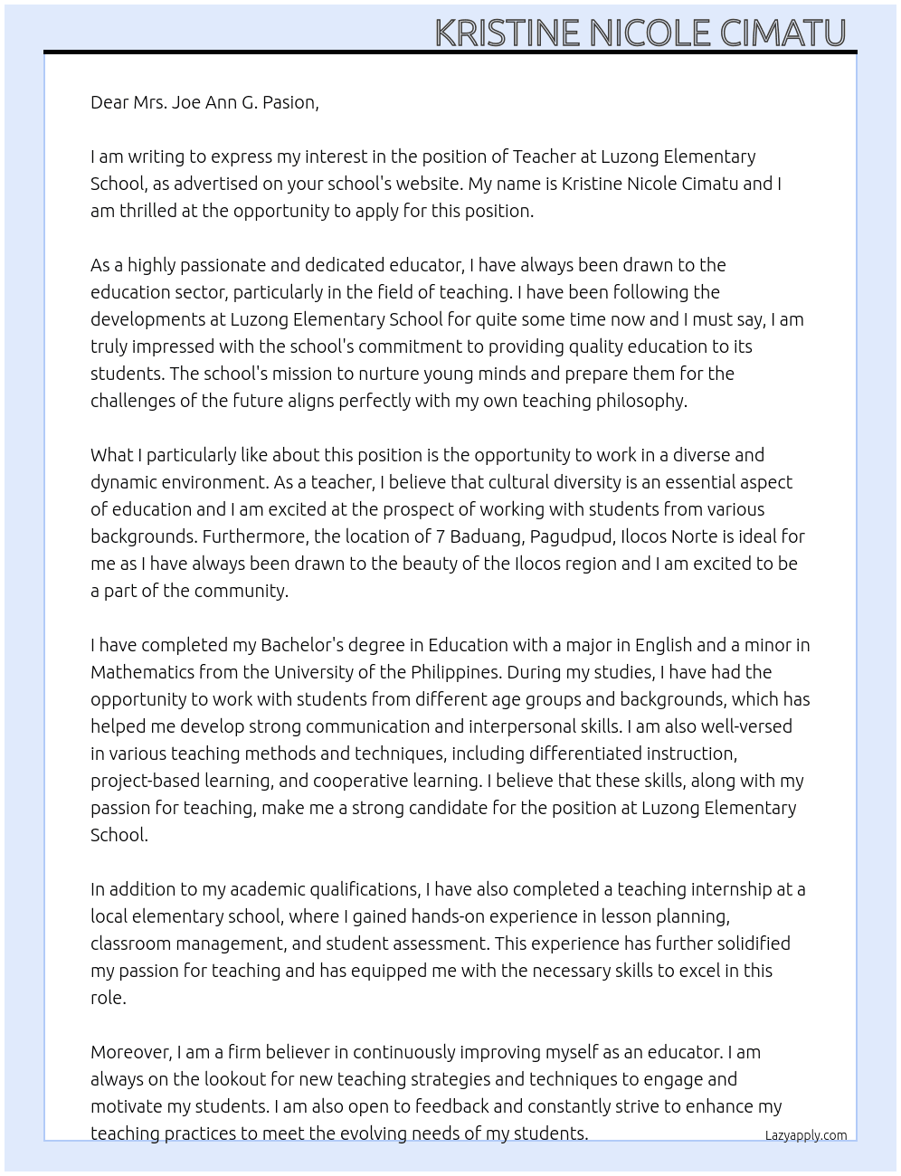 Teacher At Luzong Elementary School  Cover Letter