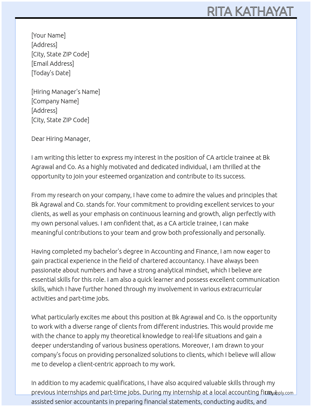 CA article trainee  At Bk Agrawal and co. Cover Letter