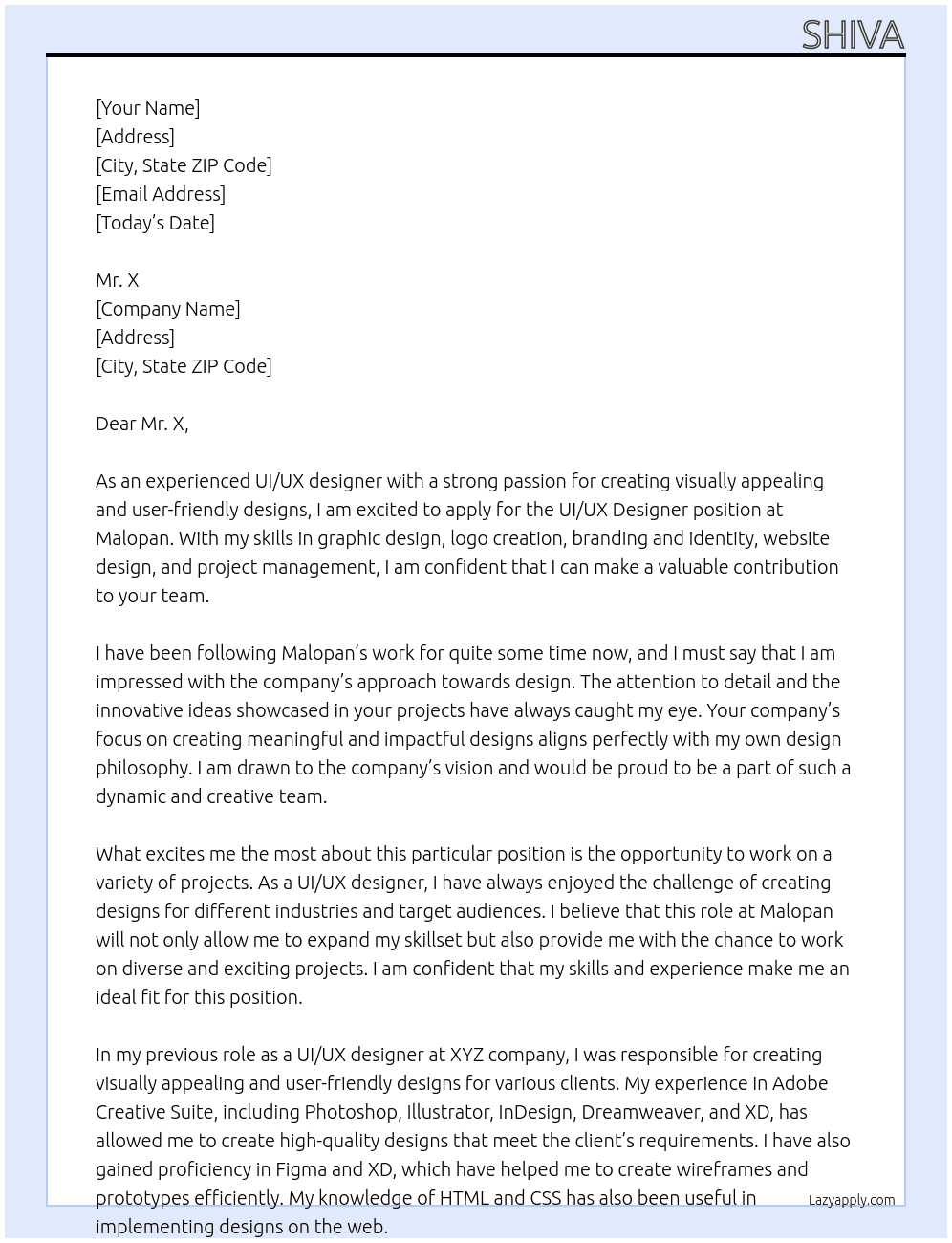 ui /Ux designer At malopan Cover Letter