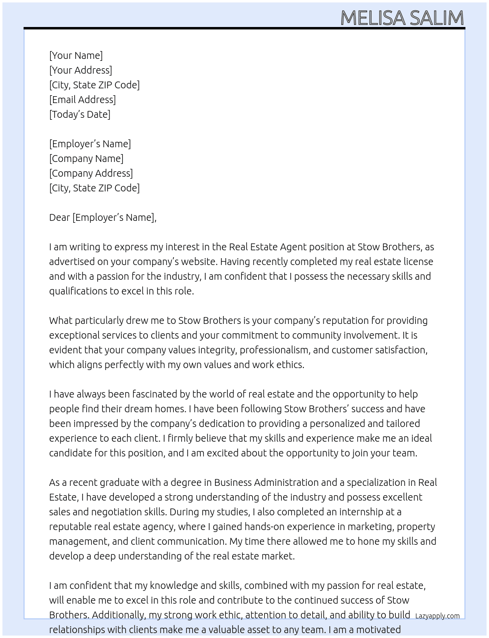 Real estate agent At Stow Brothers Cover Letter