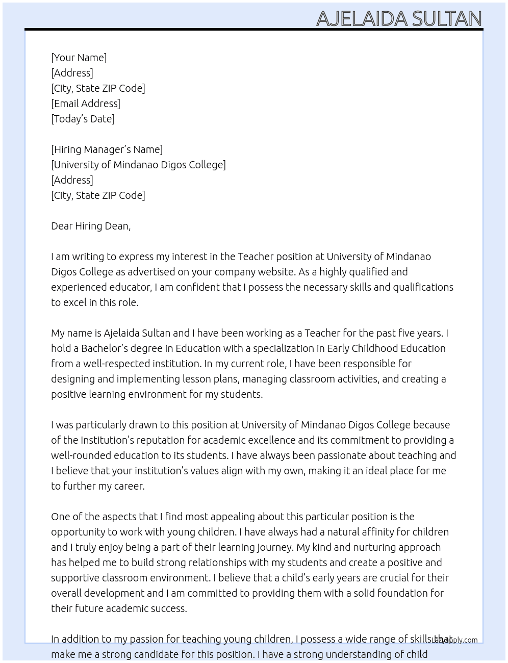 Teacher  At University of Mindanao Digos College Cover Letter