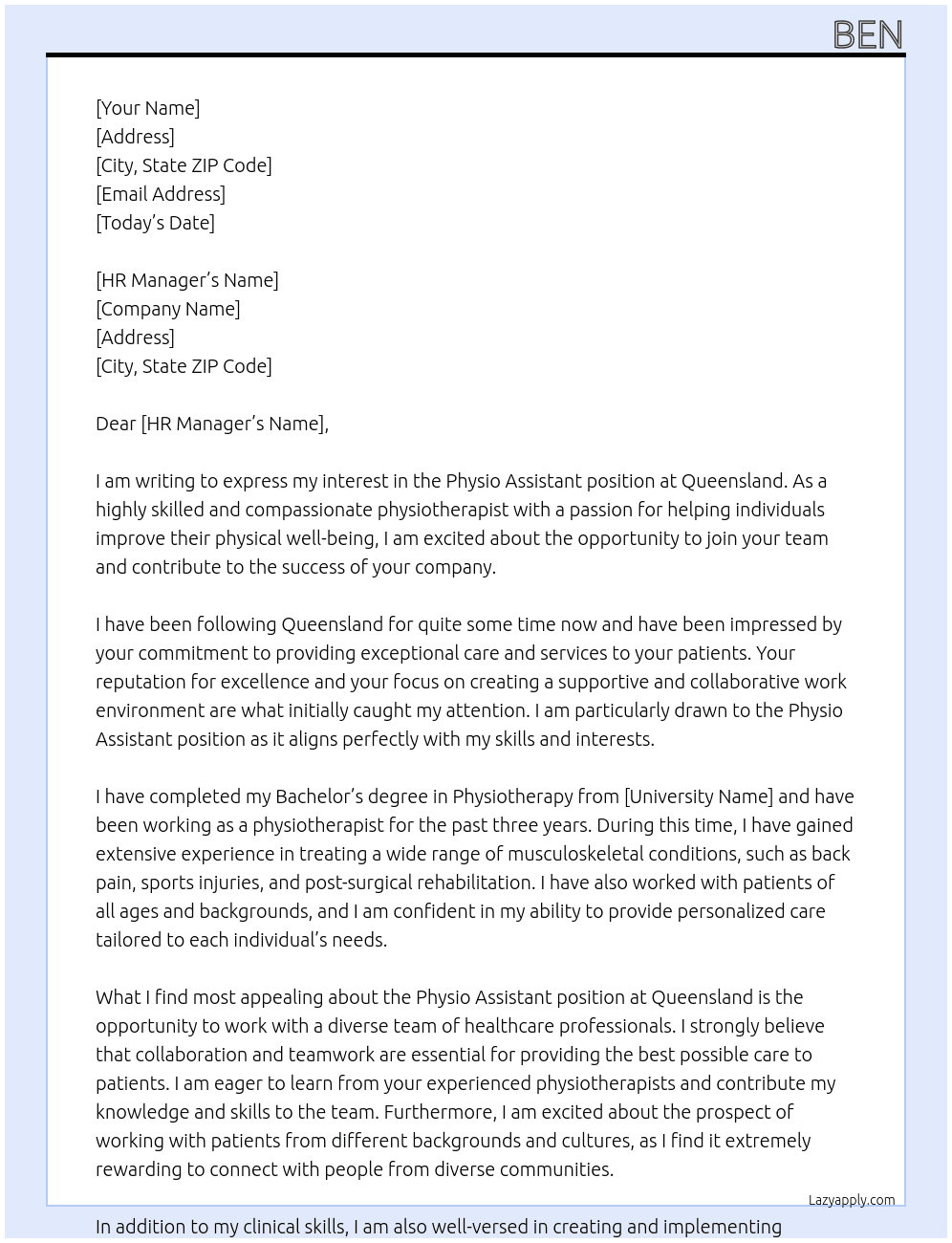 Physio assistant At Queensland Cover Letter