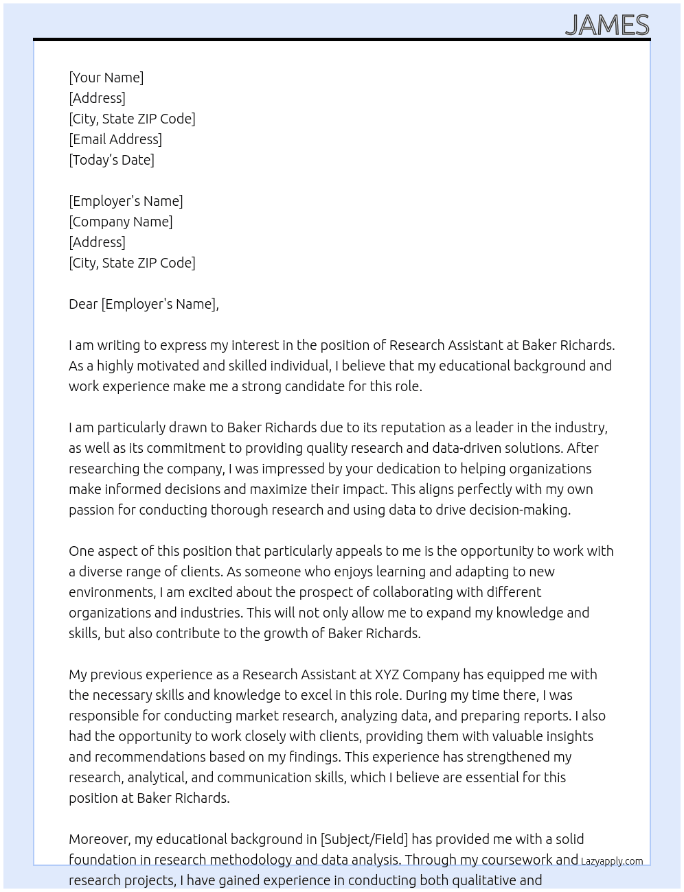 Research Assistant At Baker Richards Cover Letter