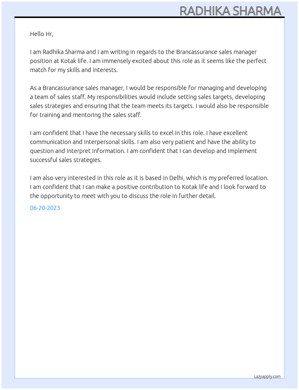Brancassurance sales manager  At Kotak life Cover Letter