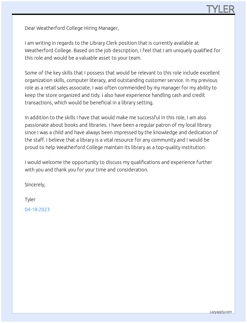 Library Clerk  At Weatherford College  Cover Letter