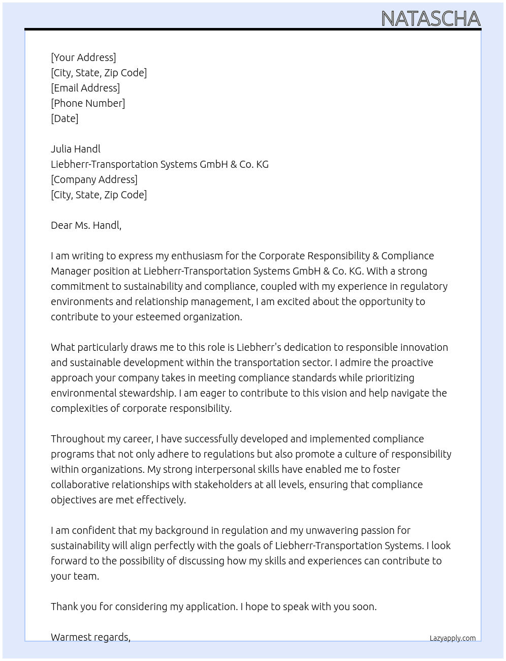 Corporate Responsibility & Compliance Manage At Liebherr-Transportation Systems GmbH & Co. KG Cover Letter