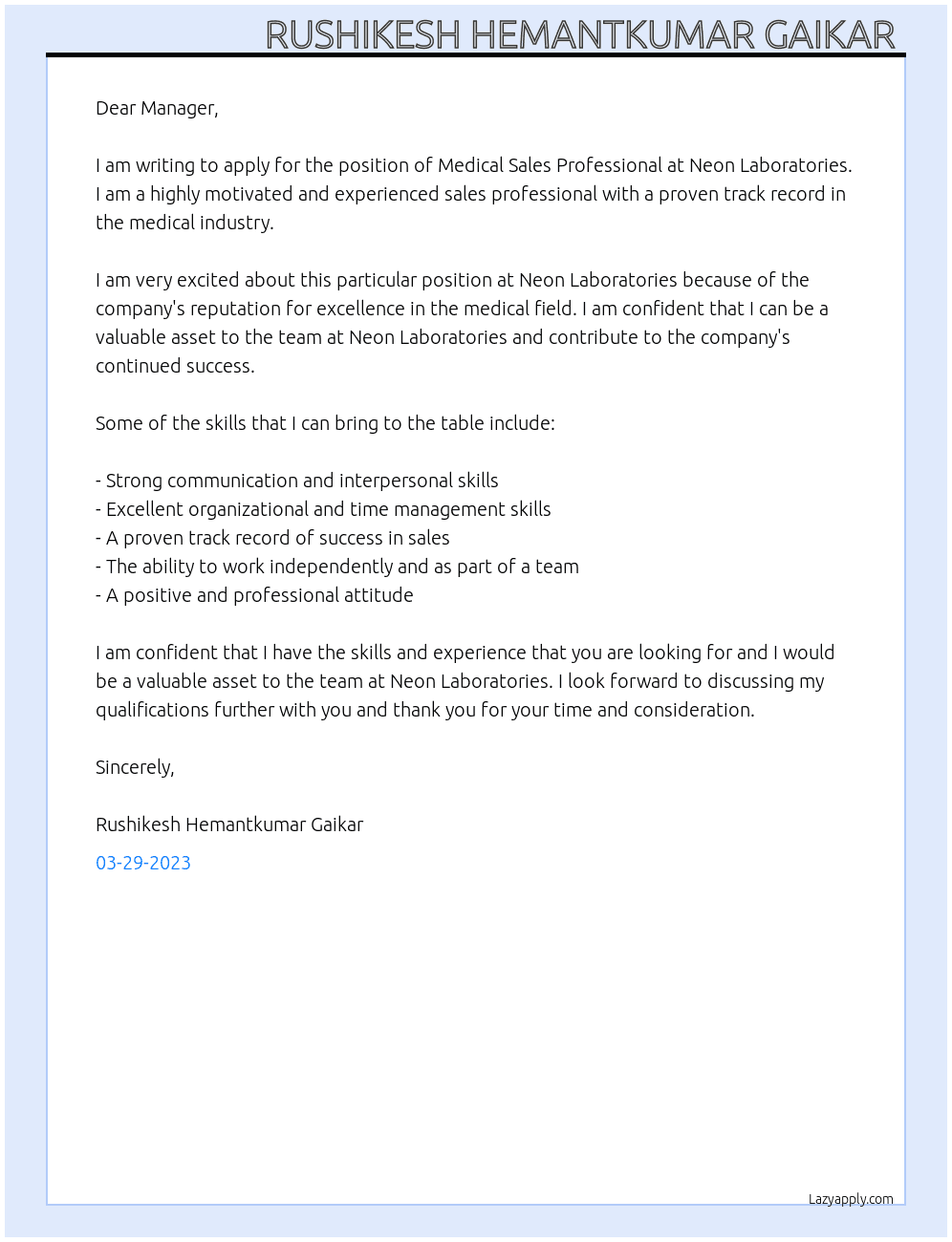 Medical sales professional  At Neon Laboratories  Cover Letter