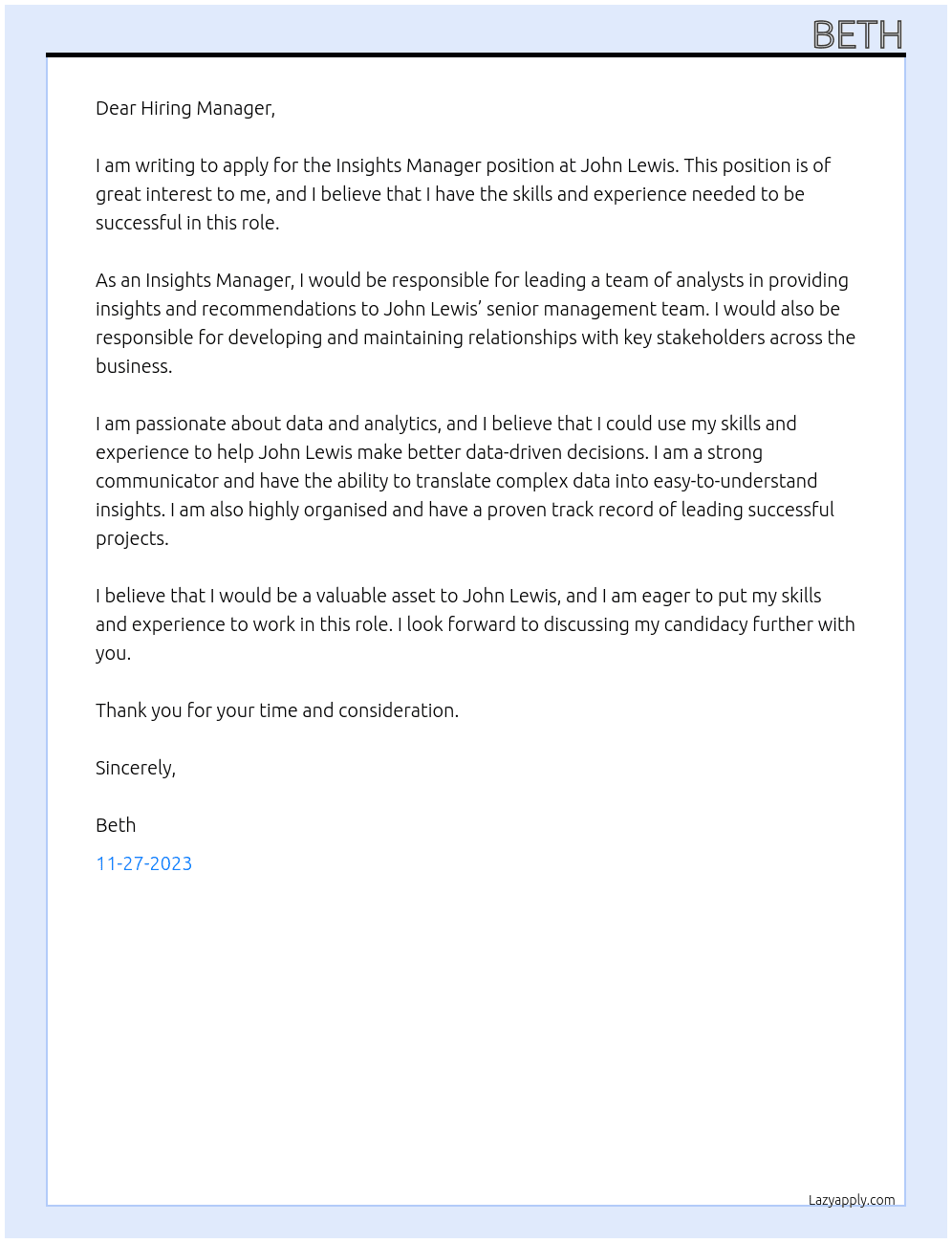 Insights manager At John Lewis Cover Letter