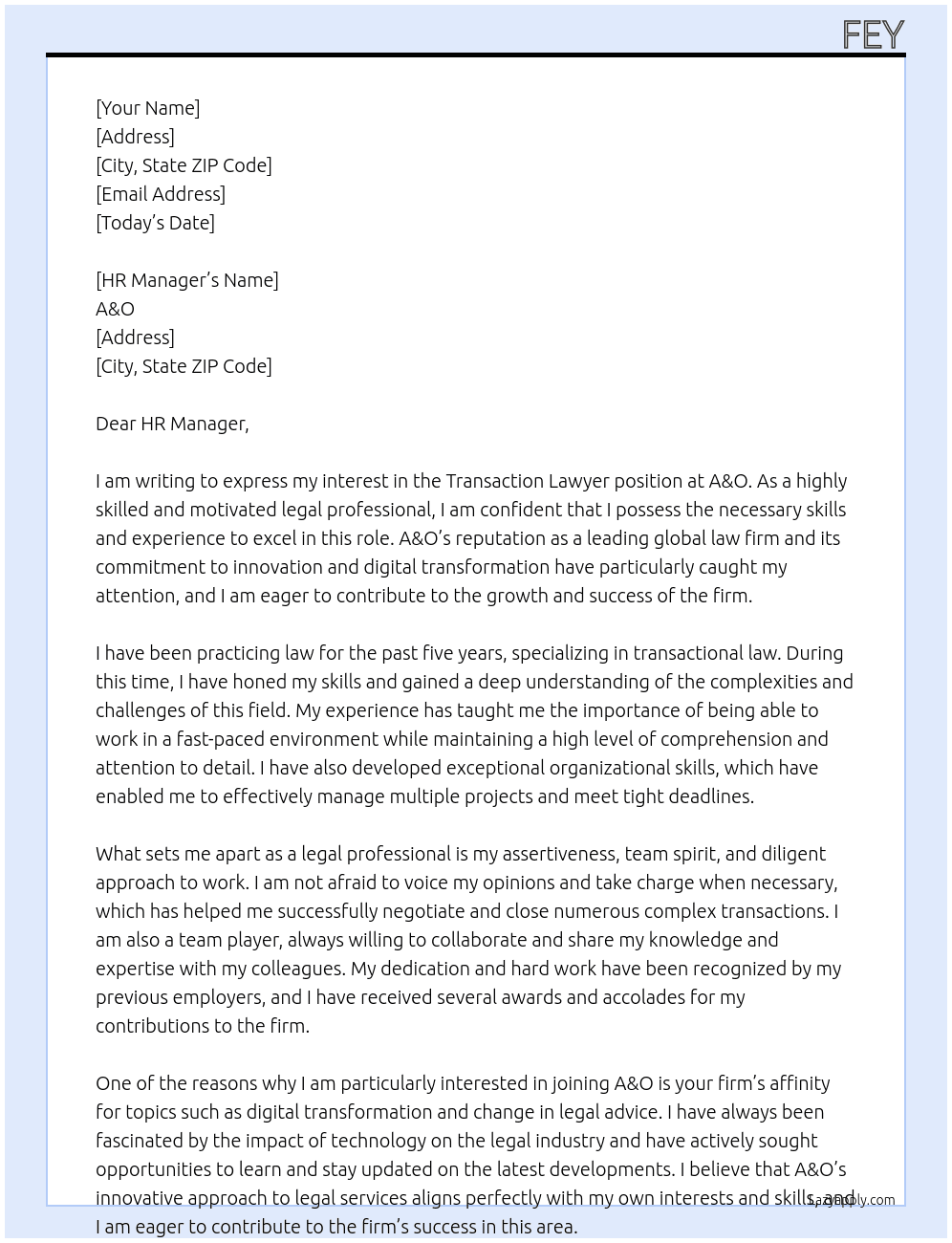 Transaction Lawyer At A&O Cover Letter