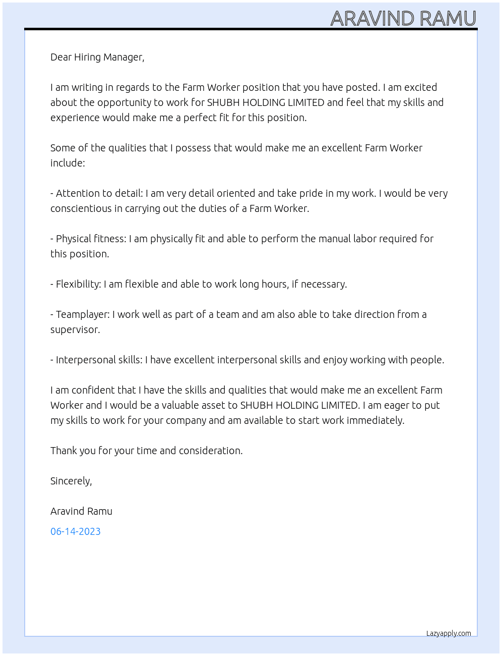 Farm Worker  At SHUBH HOLDING LIMITED Cover Letter