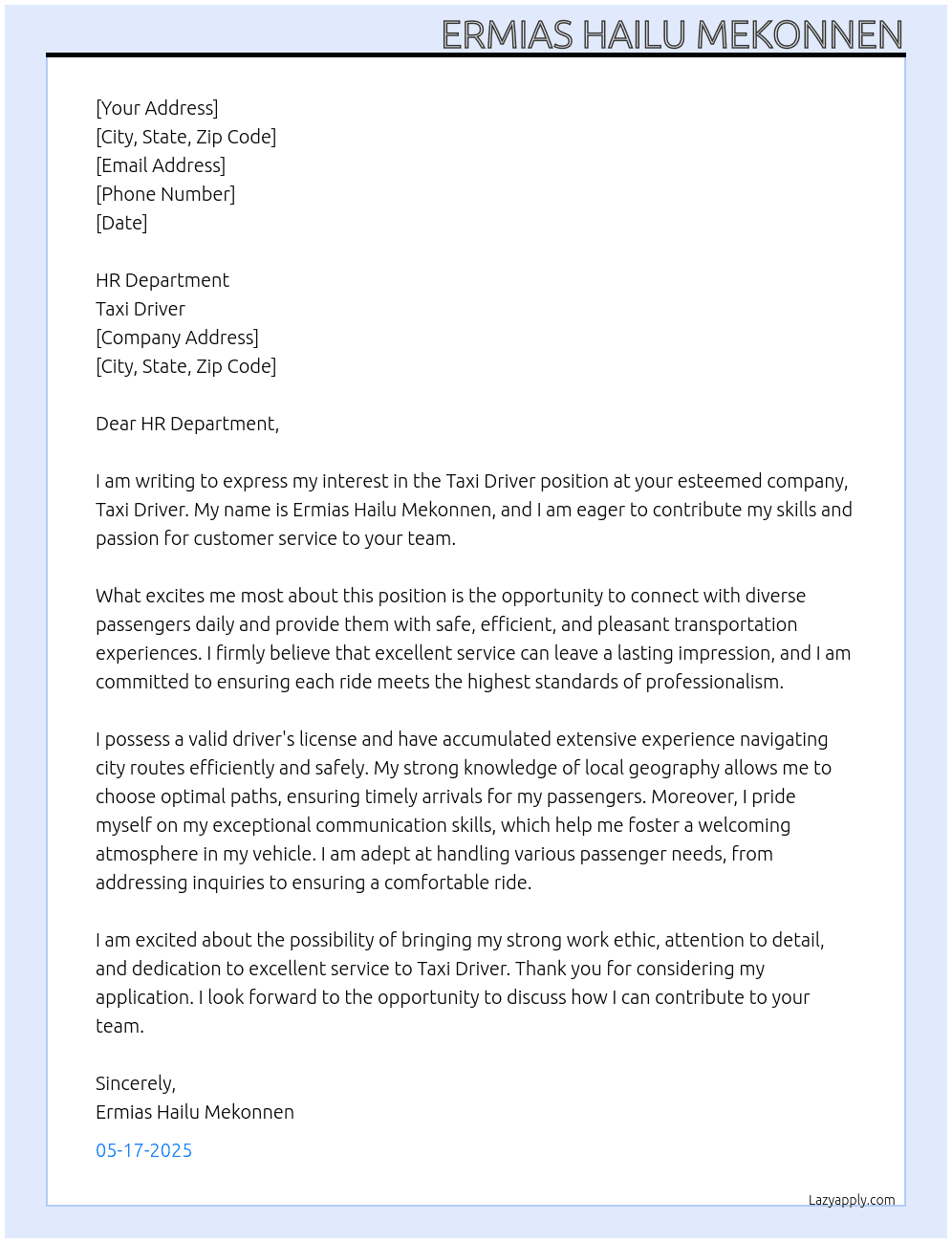 TAXI DRIVER  At TAXI DRIVER  Cover Letter