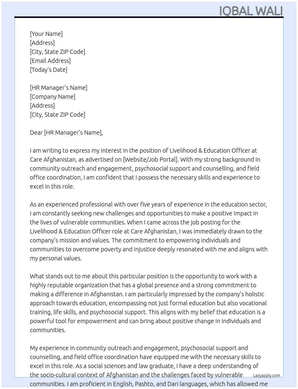 Livelihood & Education Officer At Care Afghanistan Cover Letter