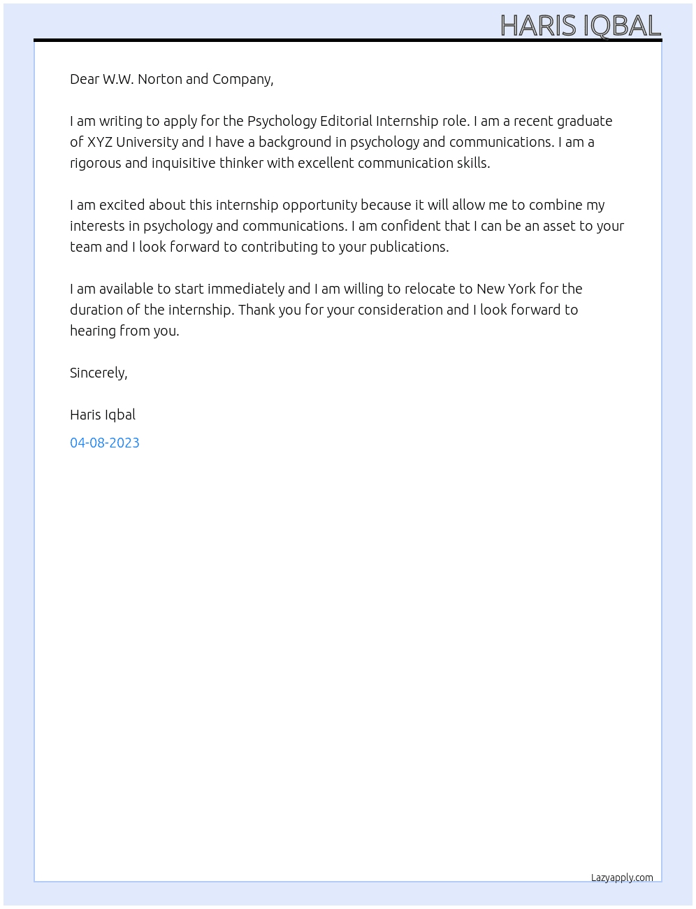 Psychology Editorial Internship At W.W. Norton and Company Cover Letter