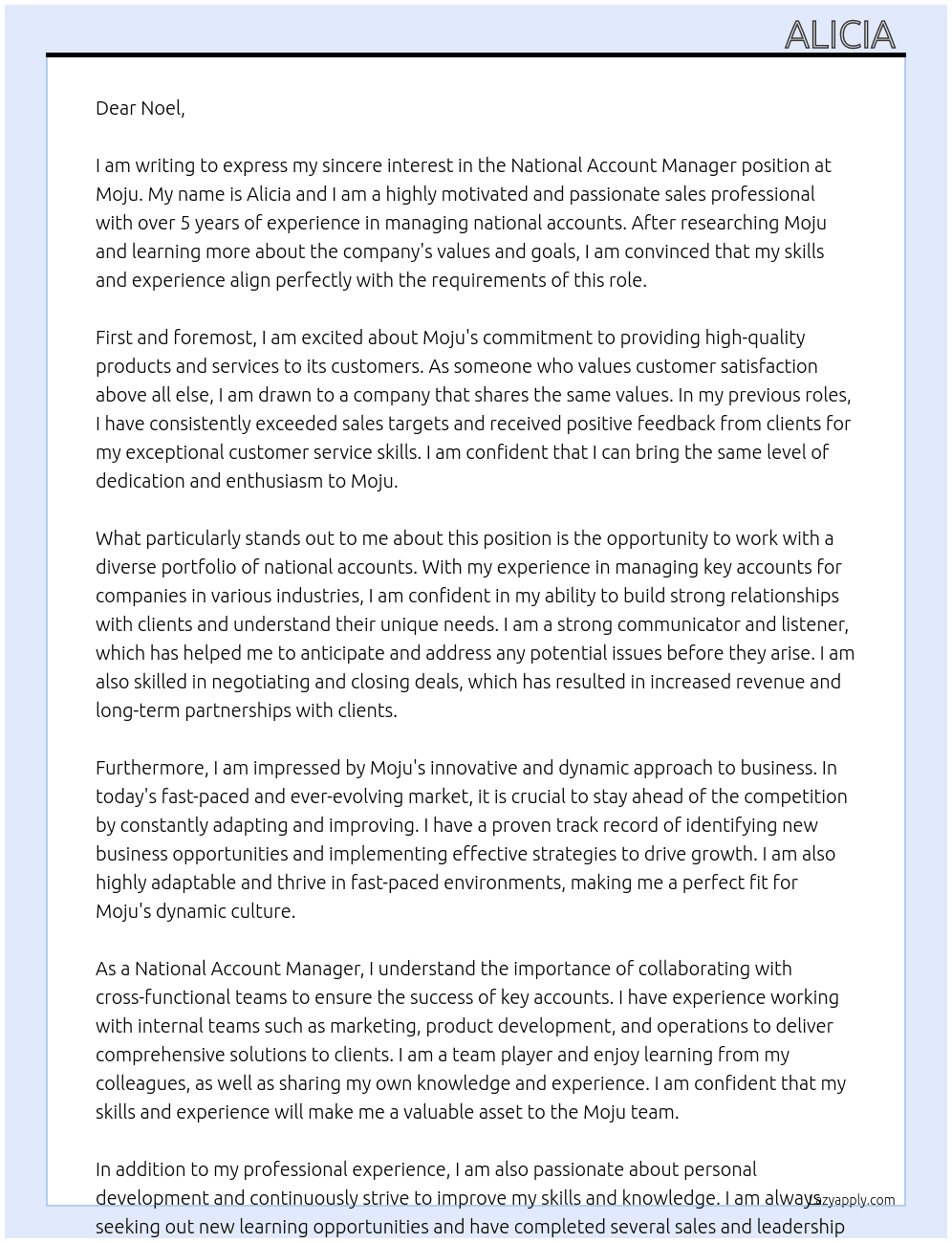 National Account Manager At Moju Cover Letter