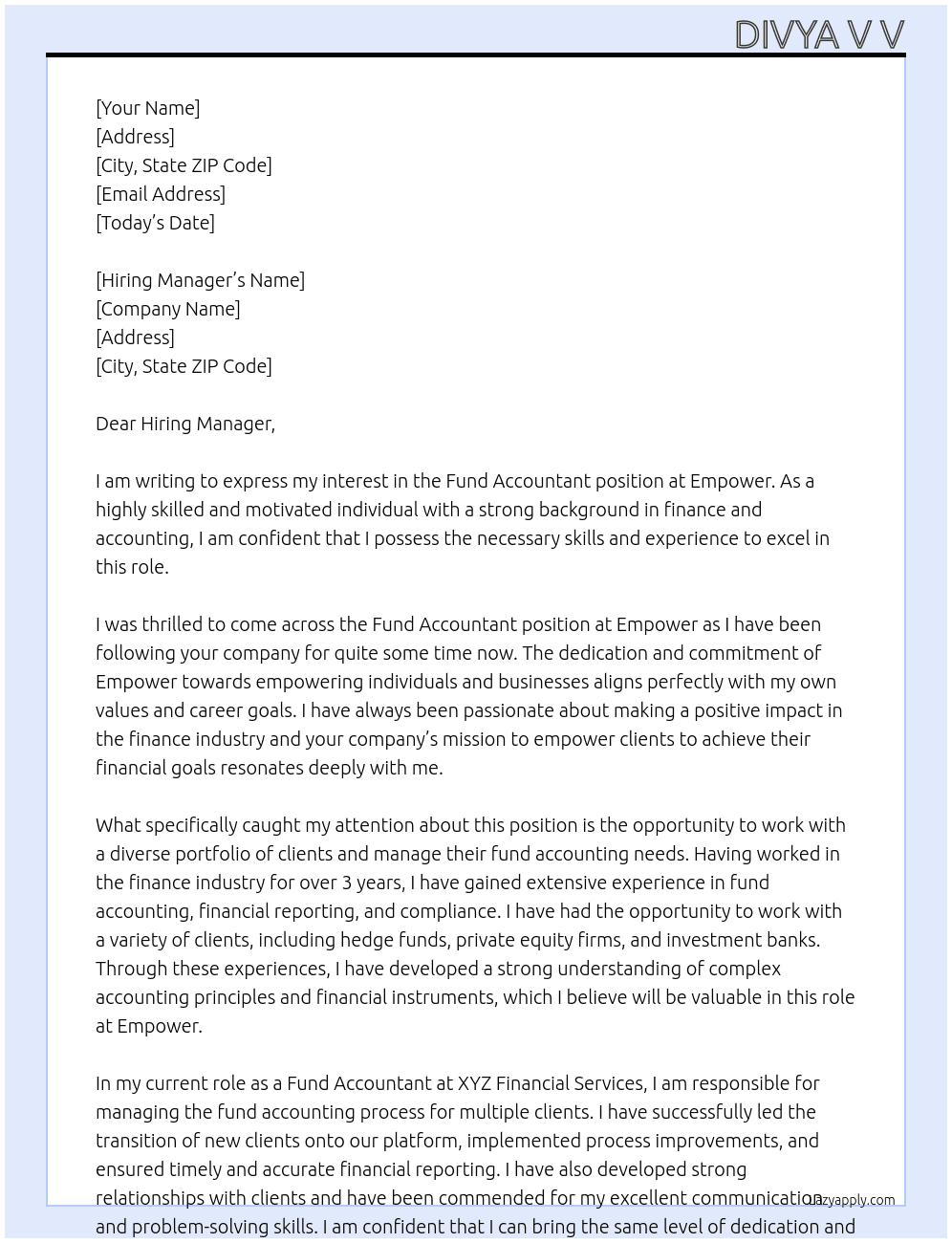 Fund Accountant At Empower Cover Letter