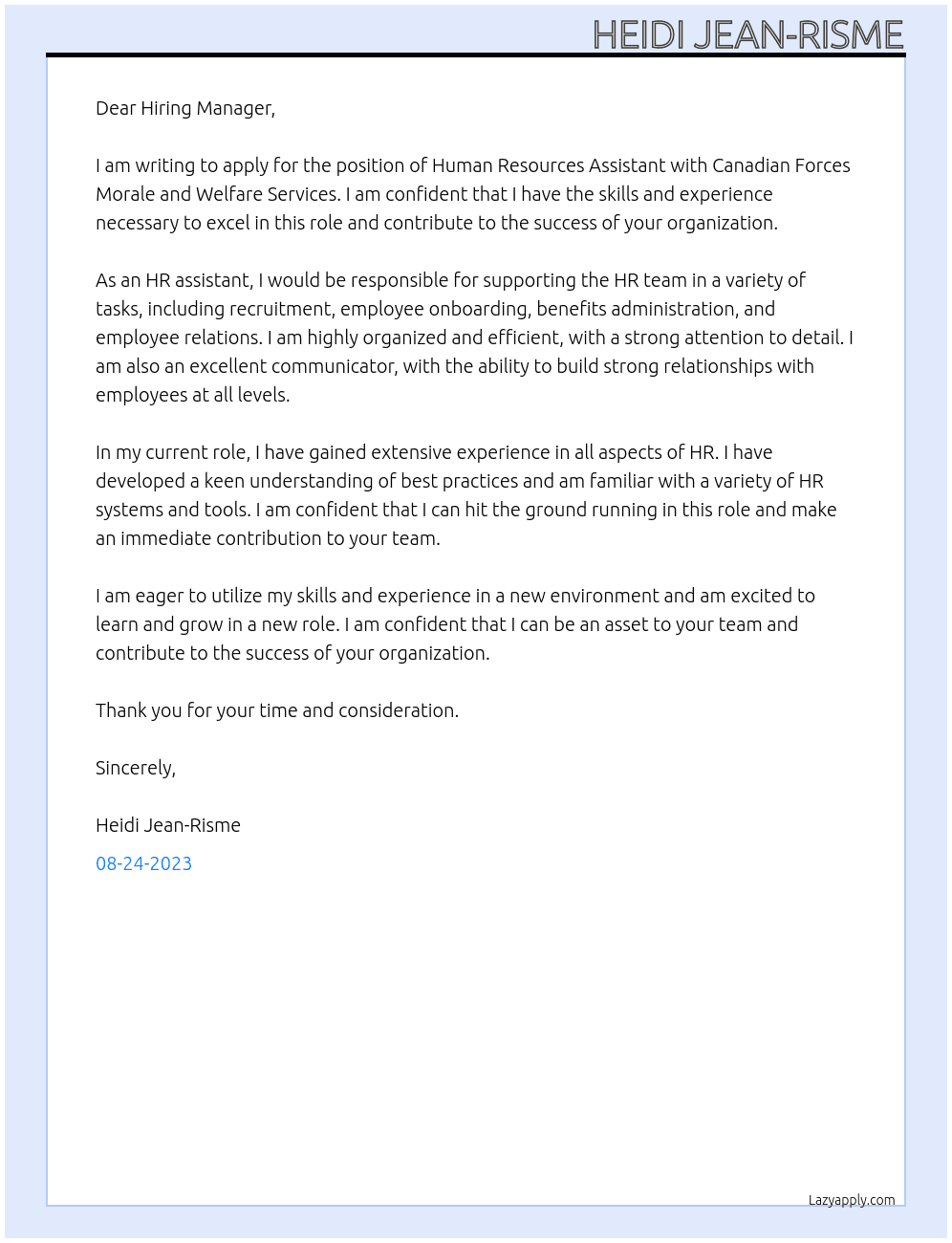 Human Resources Assistant At Canadian Forces Morale and Welfare Services Cover Letter