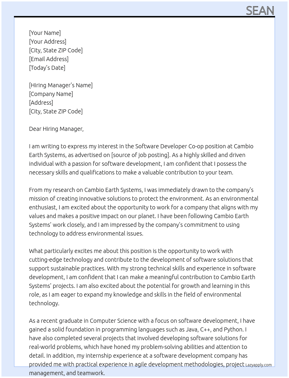 Software Developer Co-op At Cambio Earth Systems Cover Letter