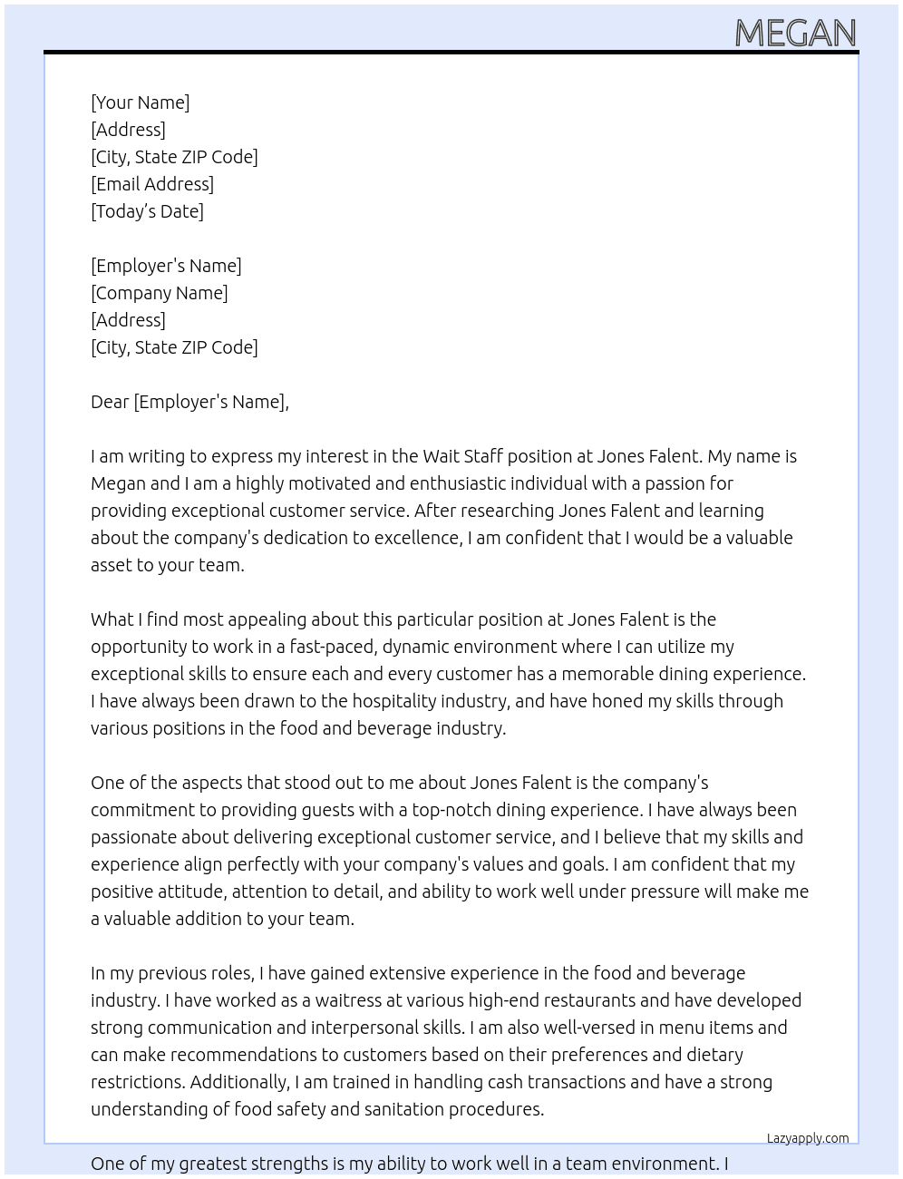 Wait staff At Jones falent Cover Letter