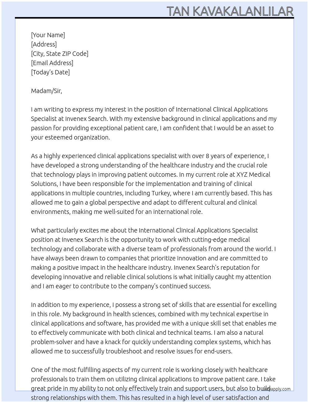 International Clinical Applications Specialist At Invenex Search Cover Letter