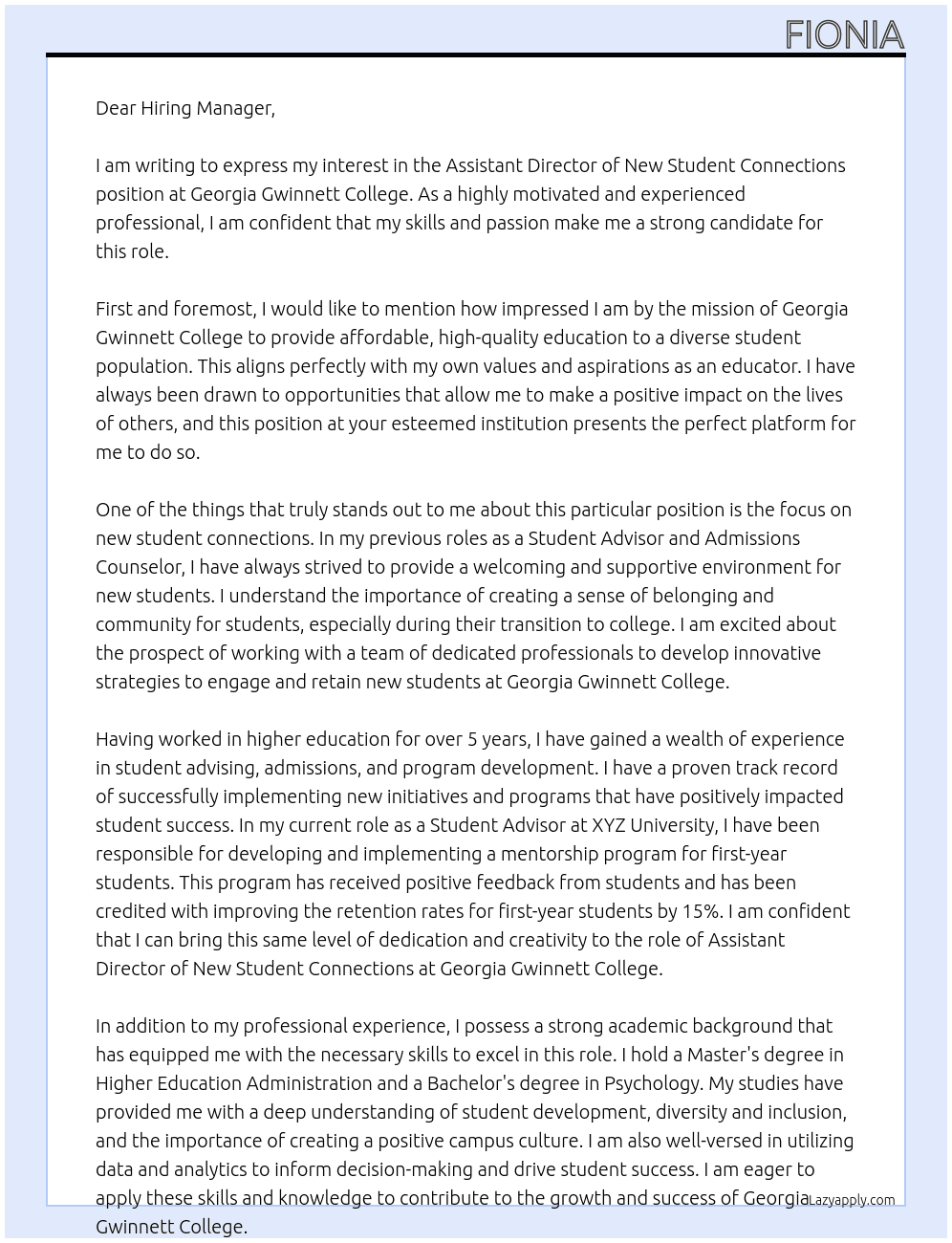 Assistant Director of New Student Connections At Georgia Gwinnett College Cover Letter