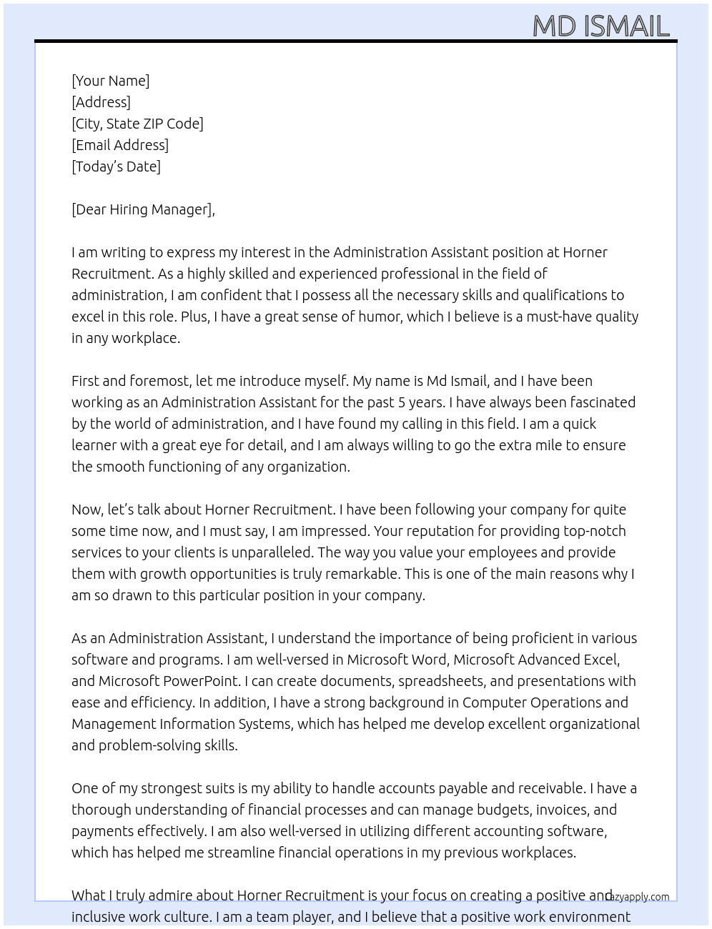 Administration Assistant  At Horner Recruitment Cover Letter