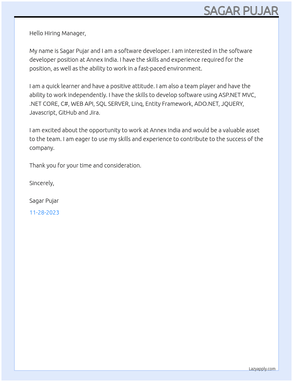 Software Developer At Annex India Cover Letter