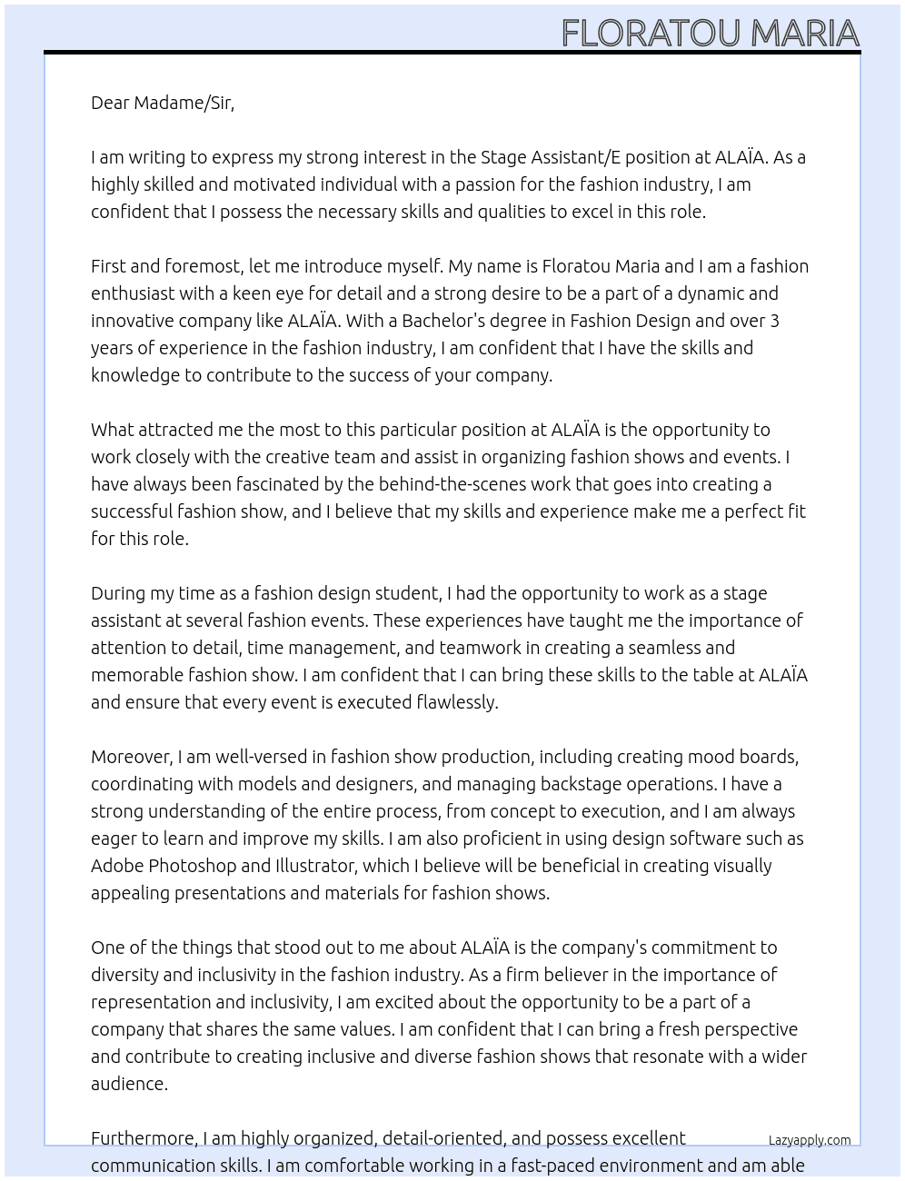 Cover letter for stage assistant/e - LazyApply