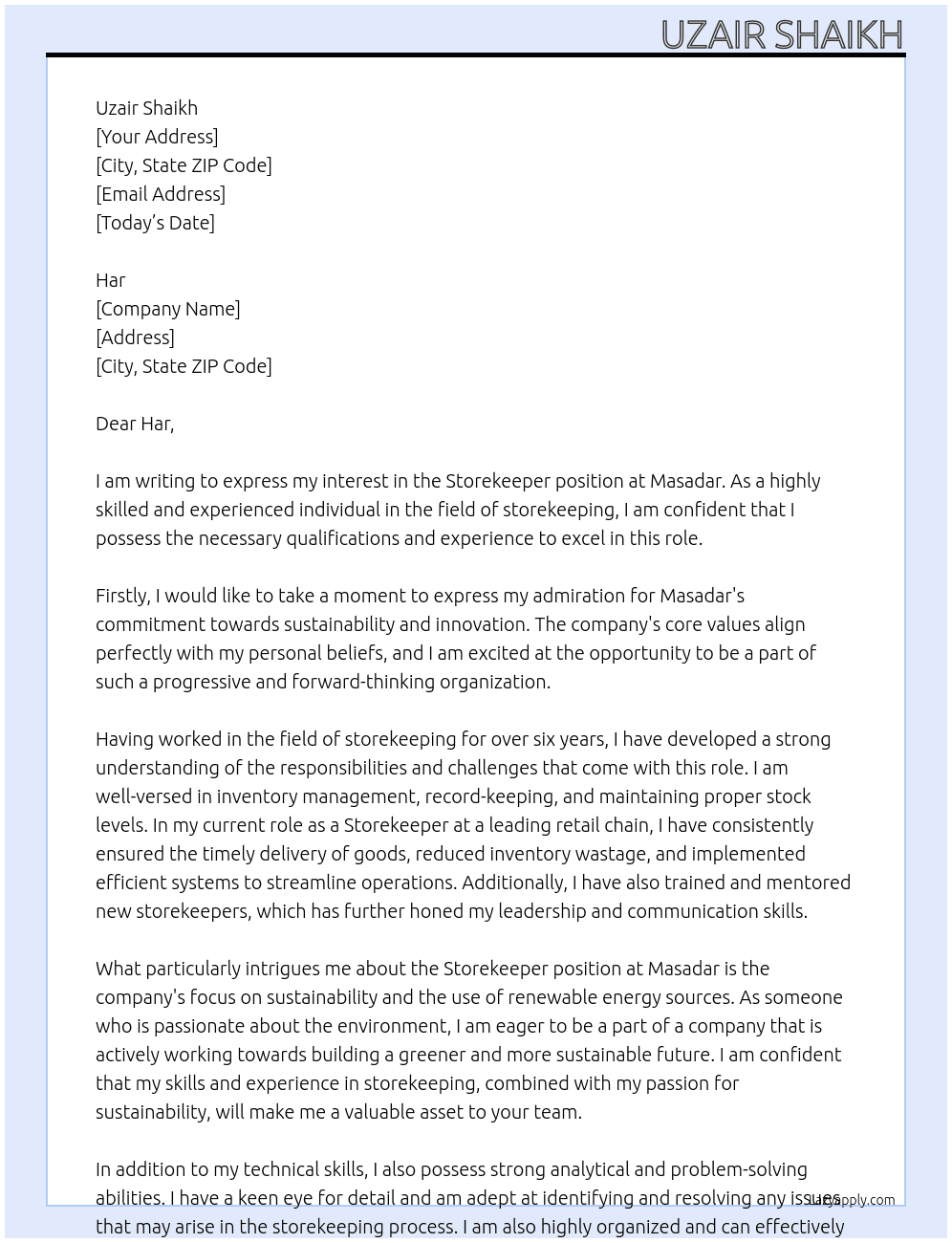 STOREE KEEPER At MASADAR  Cover Letter