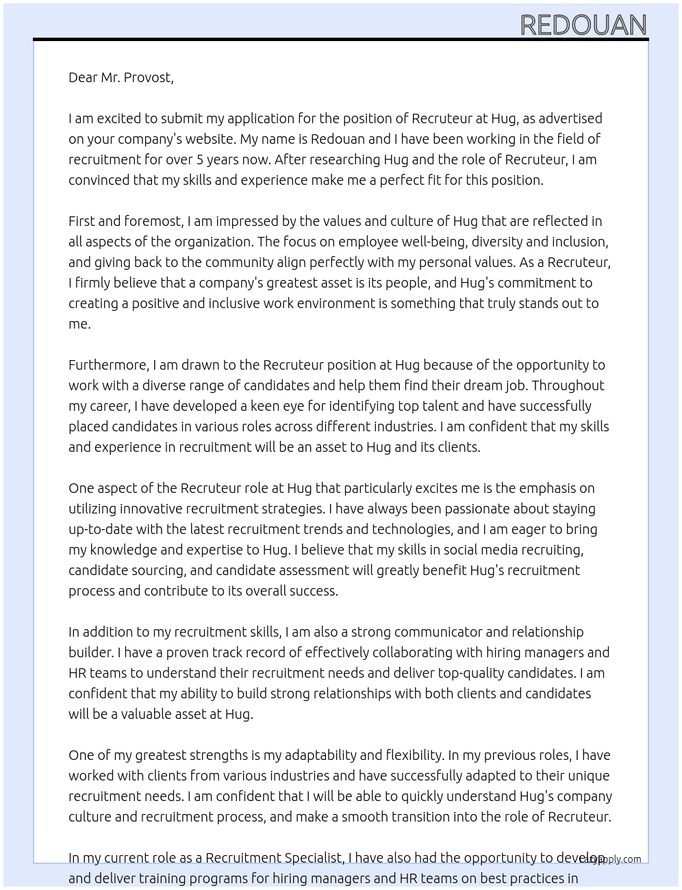 Recruteur At Hug Cover Letter