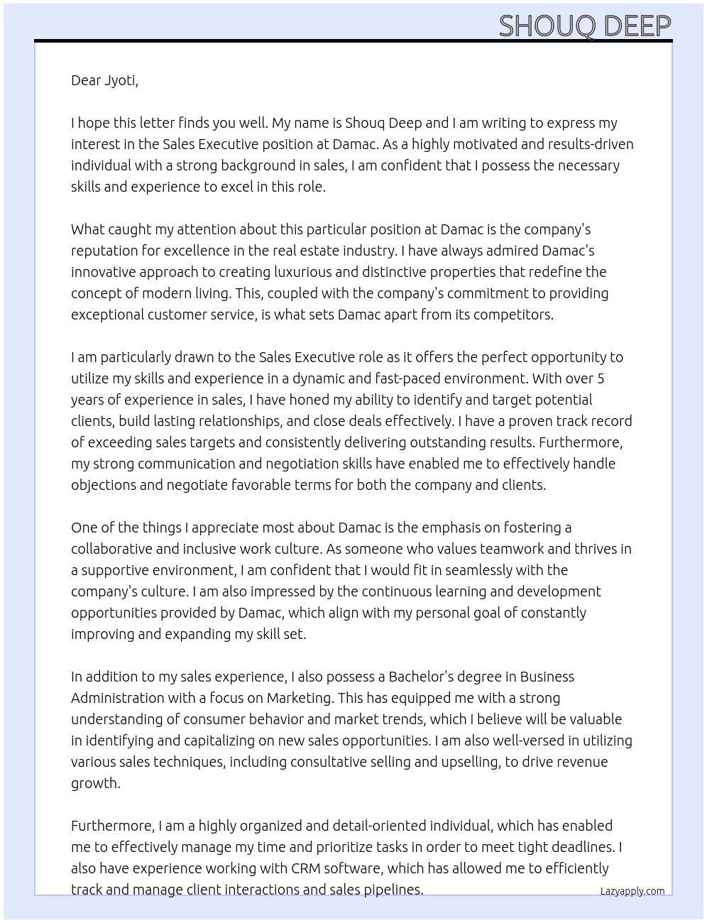 Sales executive  At Damac  Cover Letter