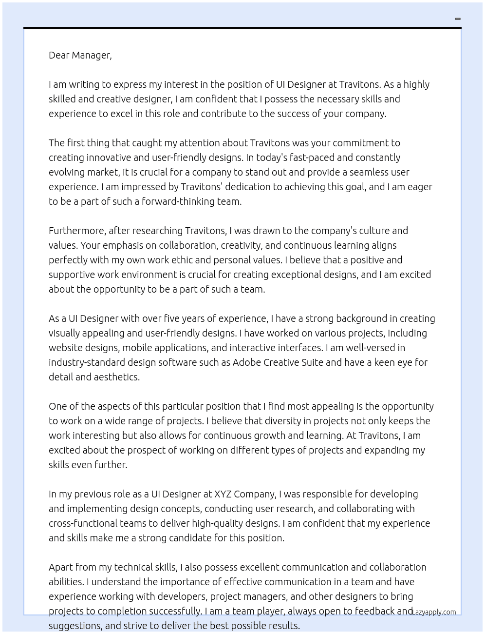 UI Designer At Travitons Cover Letter